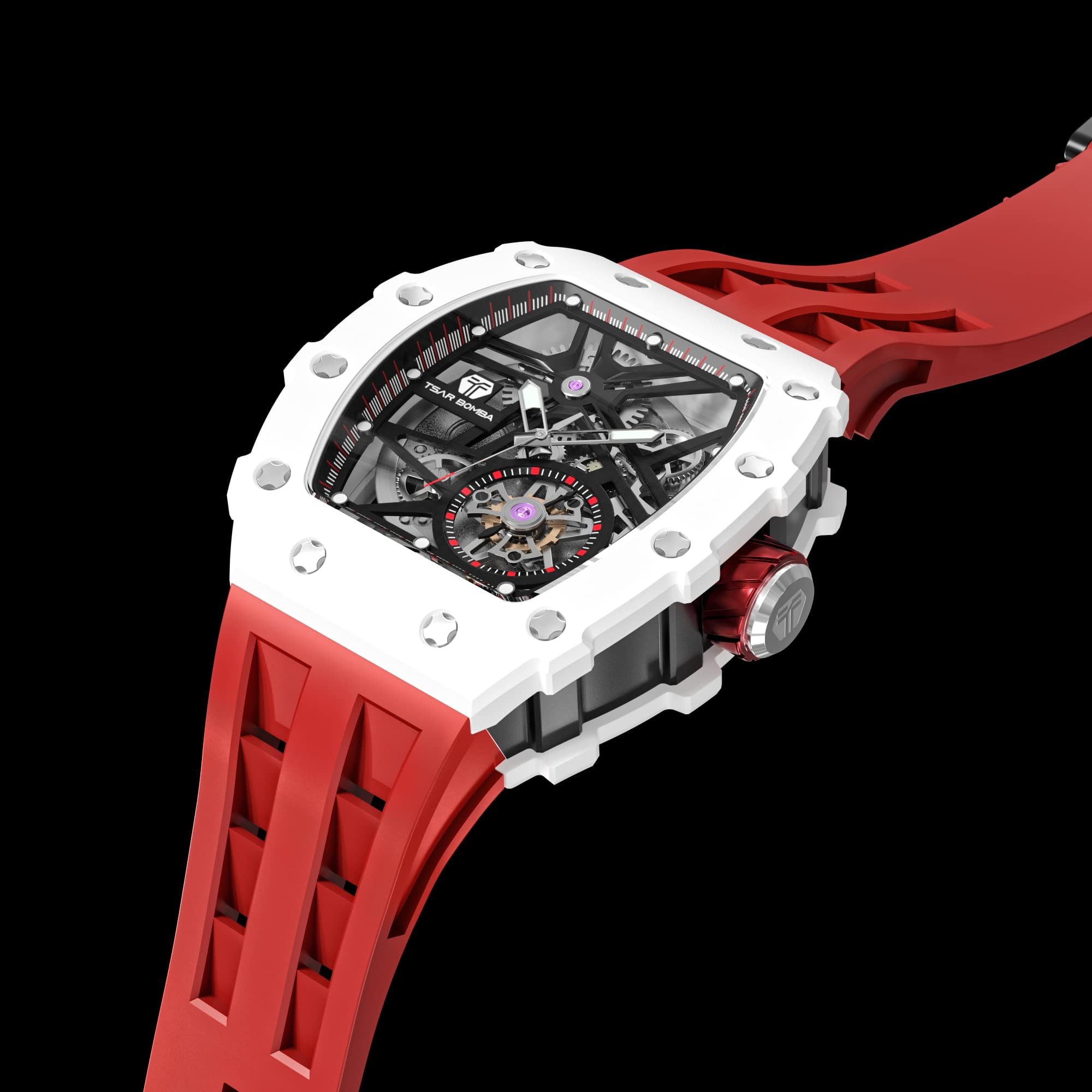 TSAR BOMBA Men's Automatic Watch - Luxury Skeleton Tonneau Design, 50M Waterproof, Silver Square Big Face with Silicone Strap - Perfect for Business, Formal Events & Everyday Wear