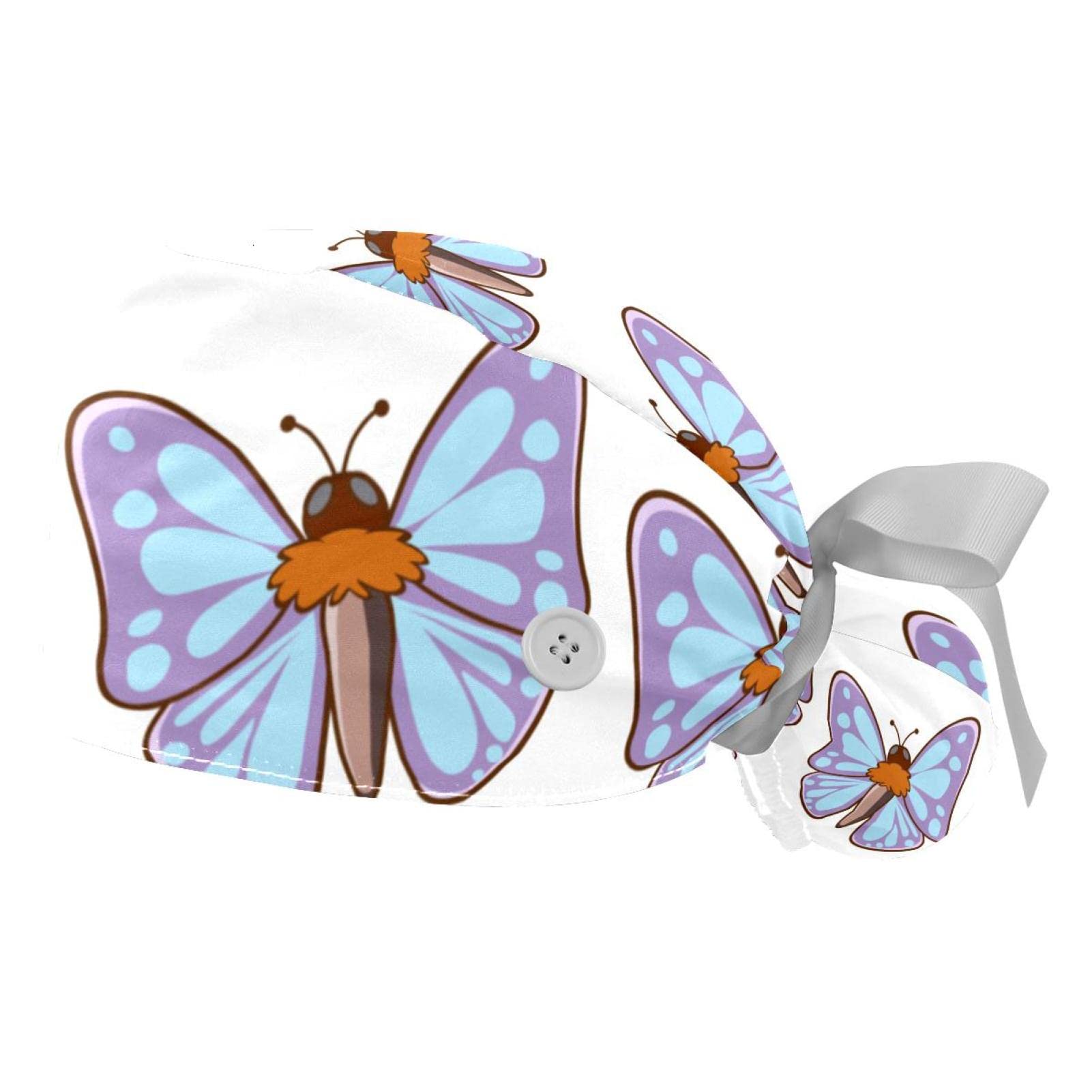 Butterfly Print Scrub Hats for Women & Men - 2 Pack Long Hair Surgical Caps with Button Closure & Sweatband | Comfortable Unisex Tie-Back Medical Hats for Nurses, Doctors & Healthcare Workers