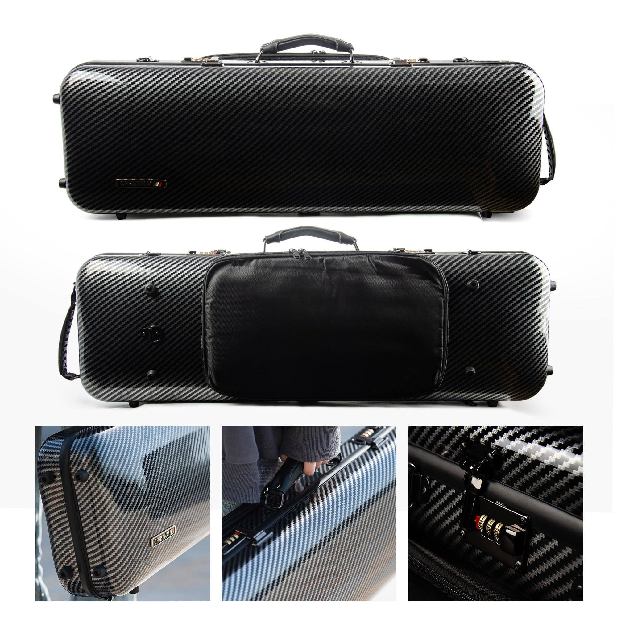 Premium Carbon Fiber Violin Case - Full Size 4/4 Rectangular Hard Case with Combination Lock & Extra Storage Bag (Black Stripe Design) - Perfect for Travel, Performances & Music School Use