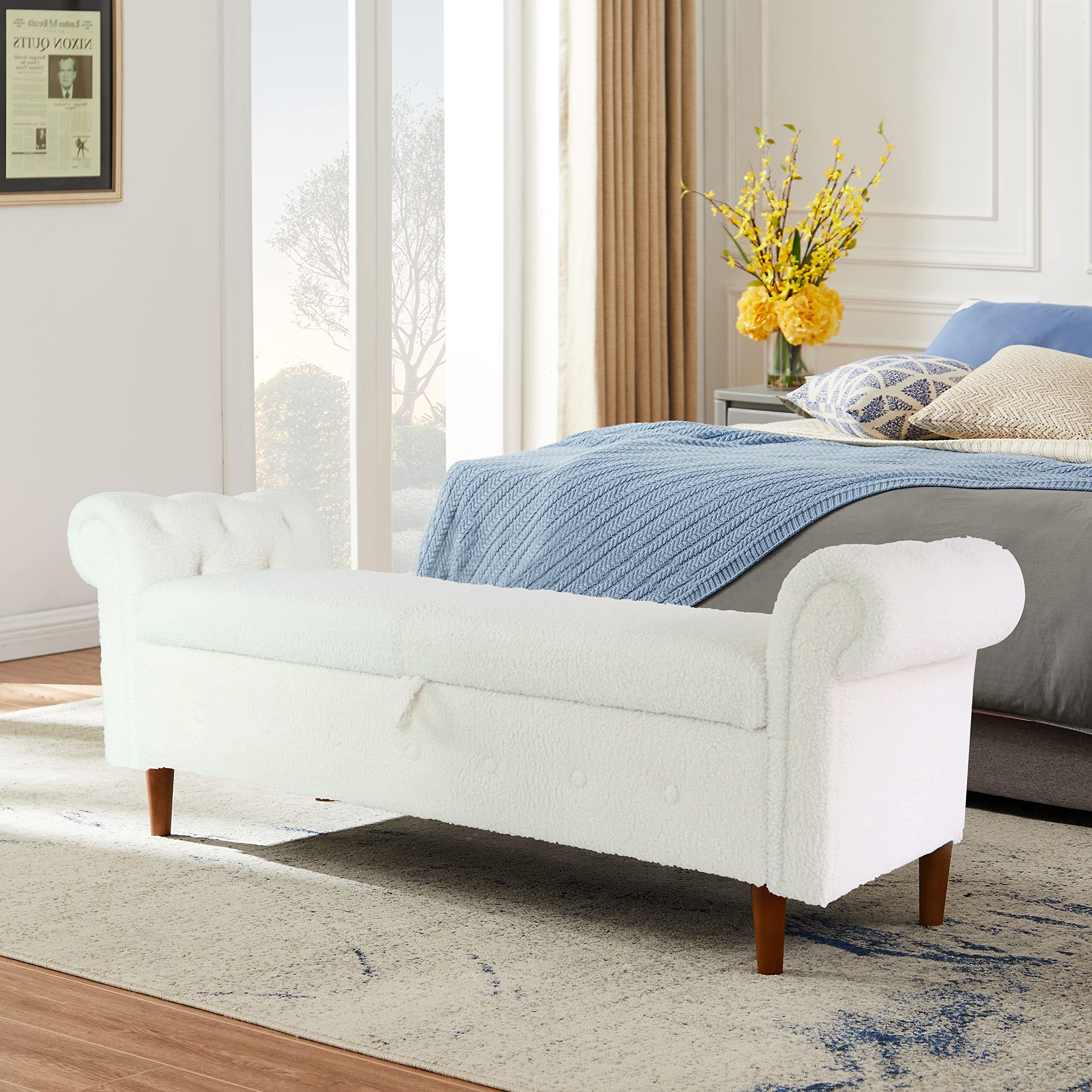 Beige Teddy Velvet Storage Ottoman Bench - Rectangular Multi-Functional Footrest Stool for Living Room, Bedroom & Entryway - Soft Seat with Hidden Storage Space