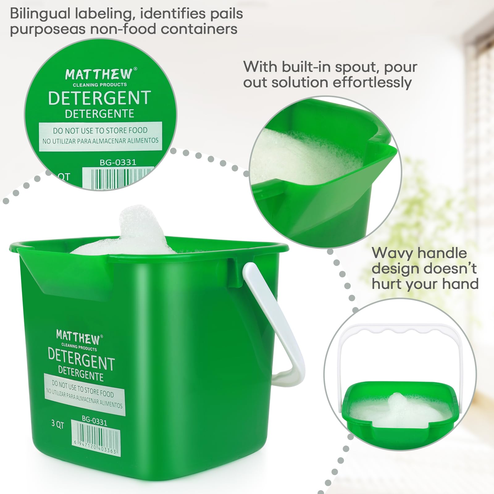 3-Piece Detergent & Sanitizing Bucket Set - Red/Green/Blue - 3Qt with Spout & Microfiber Cloths for Kitchen & Bathroom Cleaning