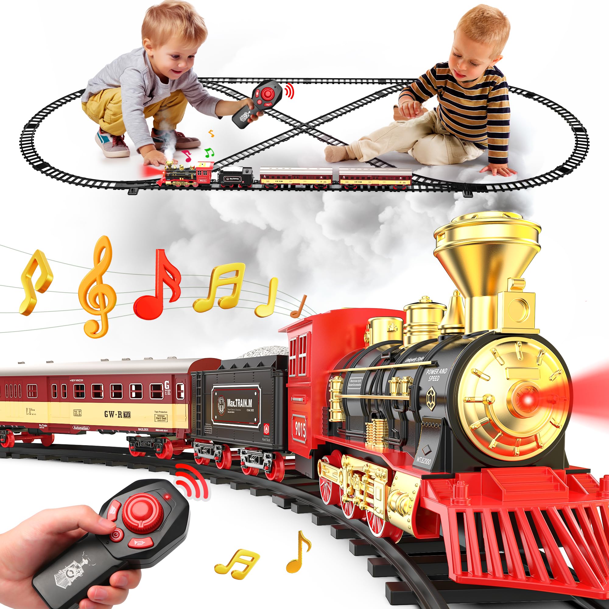 Hot Bee Christmas Train Set with Remote Control - Electric Steam Locomotive Toy for Kids Ages 2-8 | Light Up, Sound Effects & Spray Features | Perfect Holiday Train for Around the Christmas Tree | Toddler Learning Toy & Christmas Decoration Gift