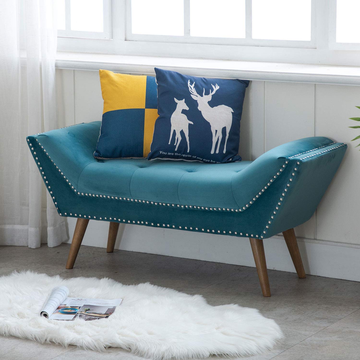 Kmax Upholstered Entryway Bench with Arms - Button Tufted Velvet Fabric Bedroom Bench with Nailhead Trim & Rubber Wood Legs in Teal Blue | Stylish Seating for Hallway, Living Room & Bedroom Décor