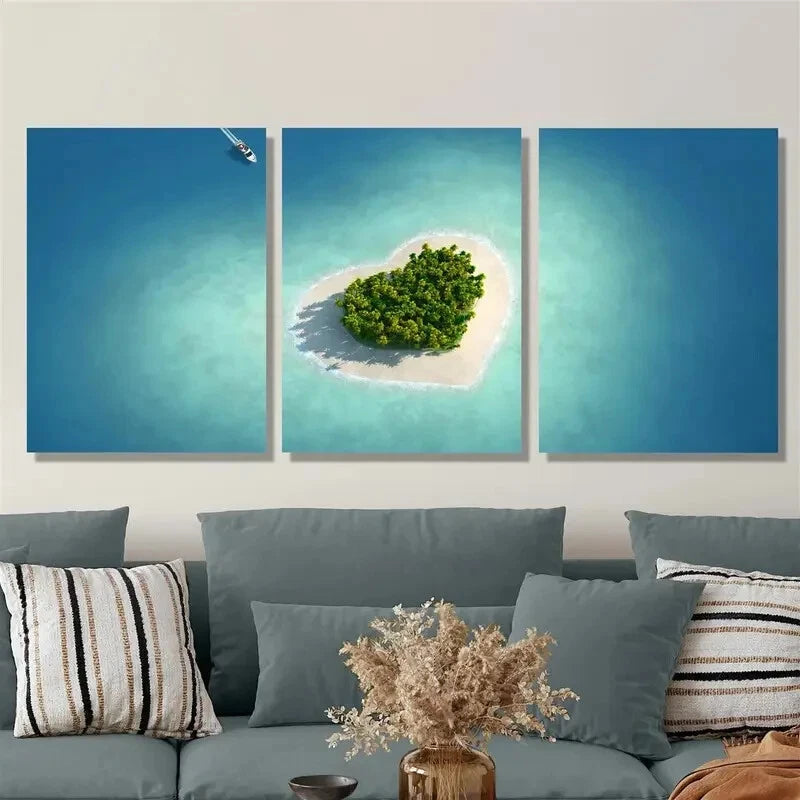 3-Piece Natural Metal Print Wall Art - Bird's Eye View Heart Design, Ready to Hang | Perfect for Living Room, Bedroom & Office Decor
