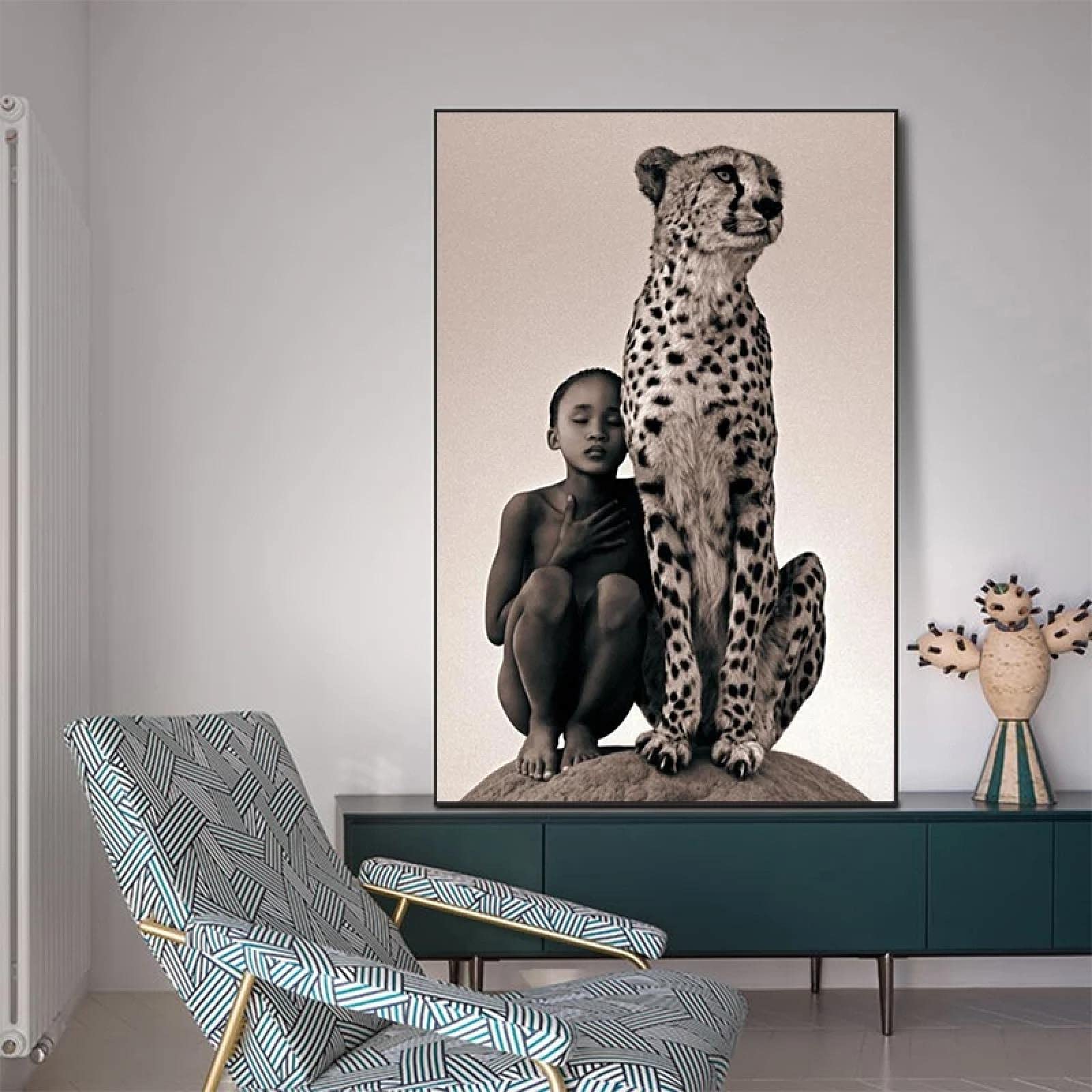 Wild African Animal Canvas Art - Boy and Cheetah Painting, 40x60cm (15.75x23.62in) Unframed Wall Decor for Living Room, Bedroom & Office | Safari Themed Home Decor | Perfect for Wildlife Lovers & Nature Inspired Interiors