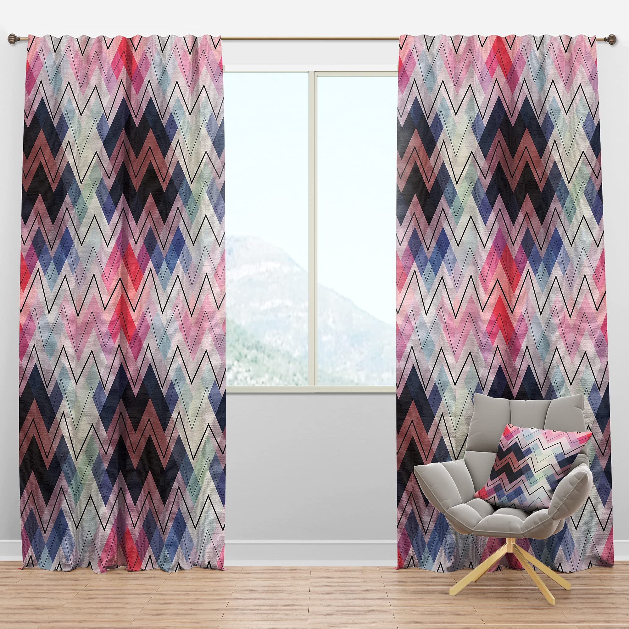 DesignQ Blackout Curtains - Thermal Insulated Geometric Chevron Pattern in Blue & Pink - 52x120 Inch Single Panel Window Drapes for Bedroom & Living Room - Blocks Light & Noise for Better Sleep & Privacy