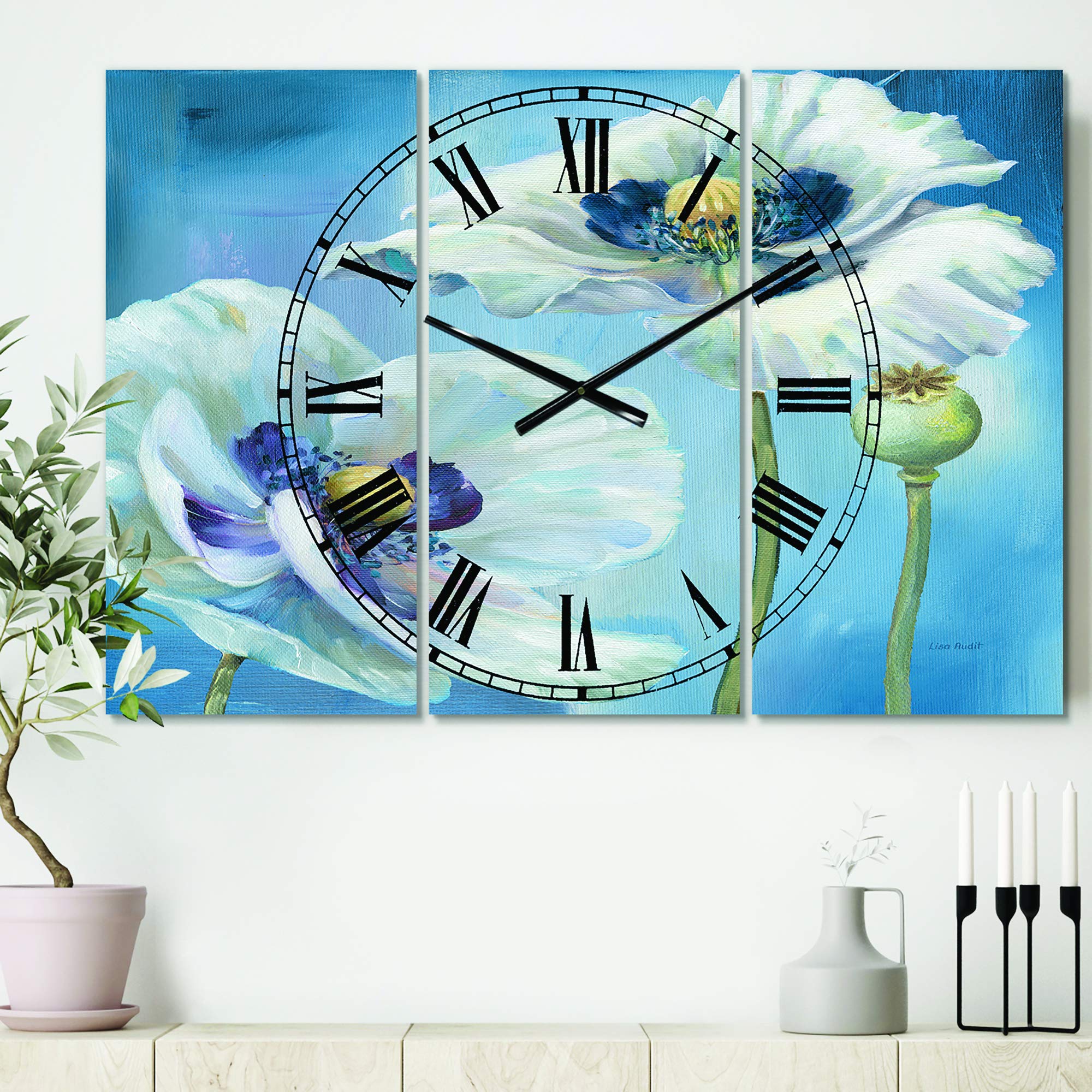 Farmhouse Wall Clock - Handpainted White Flower on Blue Background, Large Rustic Wall Clock for Bedroom, Living Room, Kitchen Decor | Perfect for Home, Office & Farmhouse Style Interior Design