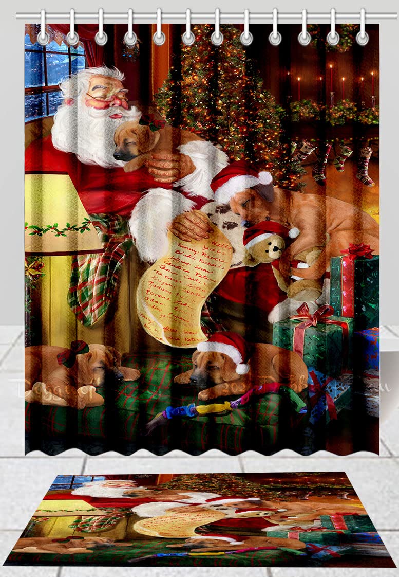 Santa Sleeping with Rhodesian Ridgeback Dog Shower Curtain & Bath Mat Set - Anti-Slip Bathroom Decor, Plush Rug Mat & Polyester Bathtub Curtain with Hooks (16''x28'' Bath Mat, 72