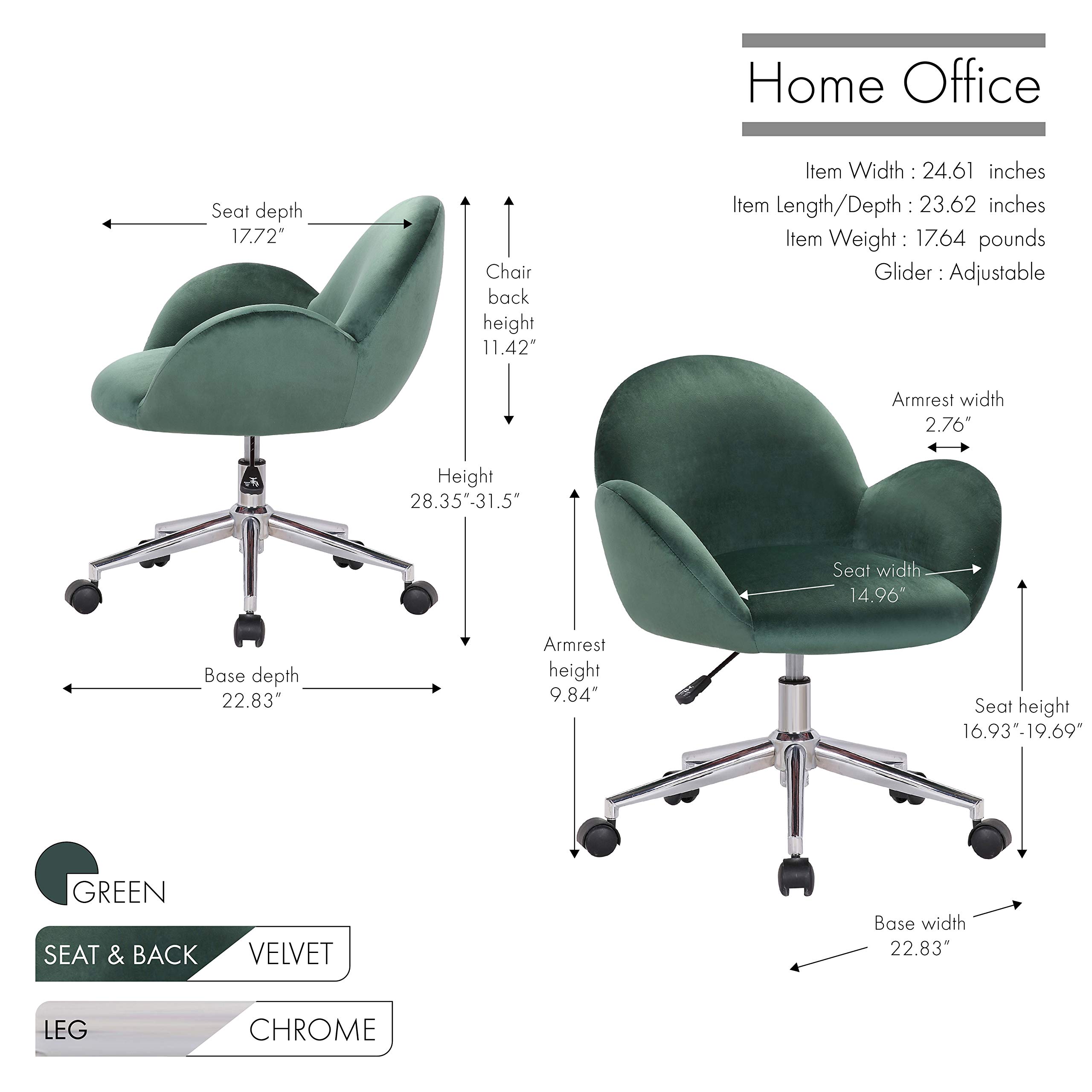 Porthos Home Quon Swivel Office Chair - Soft Velvet Upholstery, Adjustable Height, Rounded Low Back & Chrome Metal Base with Castor Wheels - Ergonomic Desk Chair for Home Office, Study Room or Workspace