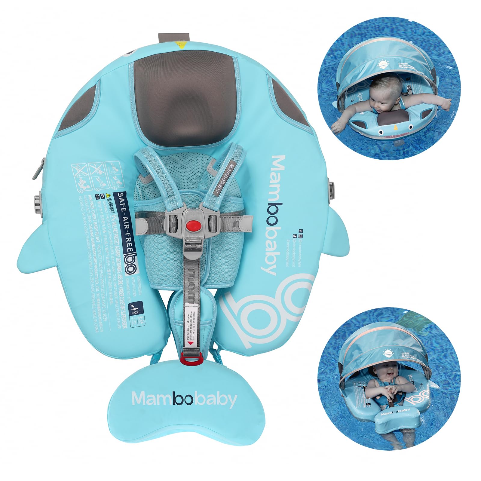**Mambobaby Non-Inflatable Baby Float with Canopy & Tail - Safe Pool Swim Trainer for Toddlers (Boys & Girls) - Prevent Flips & Enhance Water Safety for Beach, Pool, or Lake Fun**