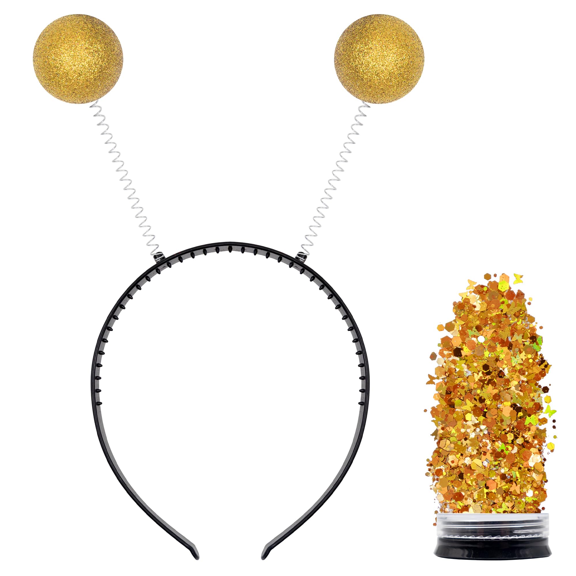 Funcredible Gold Alien Headbands & Glitter - Sparkly Martian Antenna Headband for Halloween Costume Accessories | Perfect for Alien-Themed Parties, Cosplay Events & Halloween Costumes