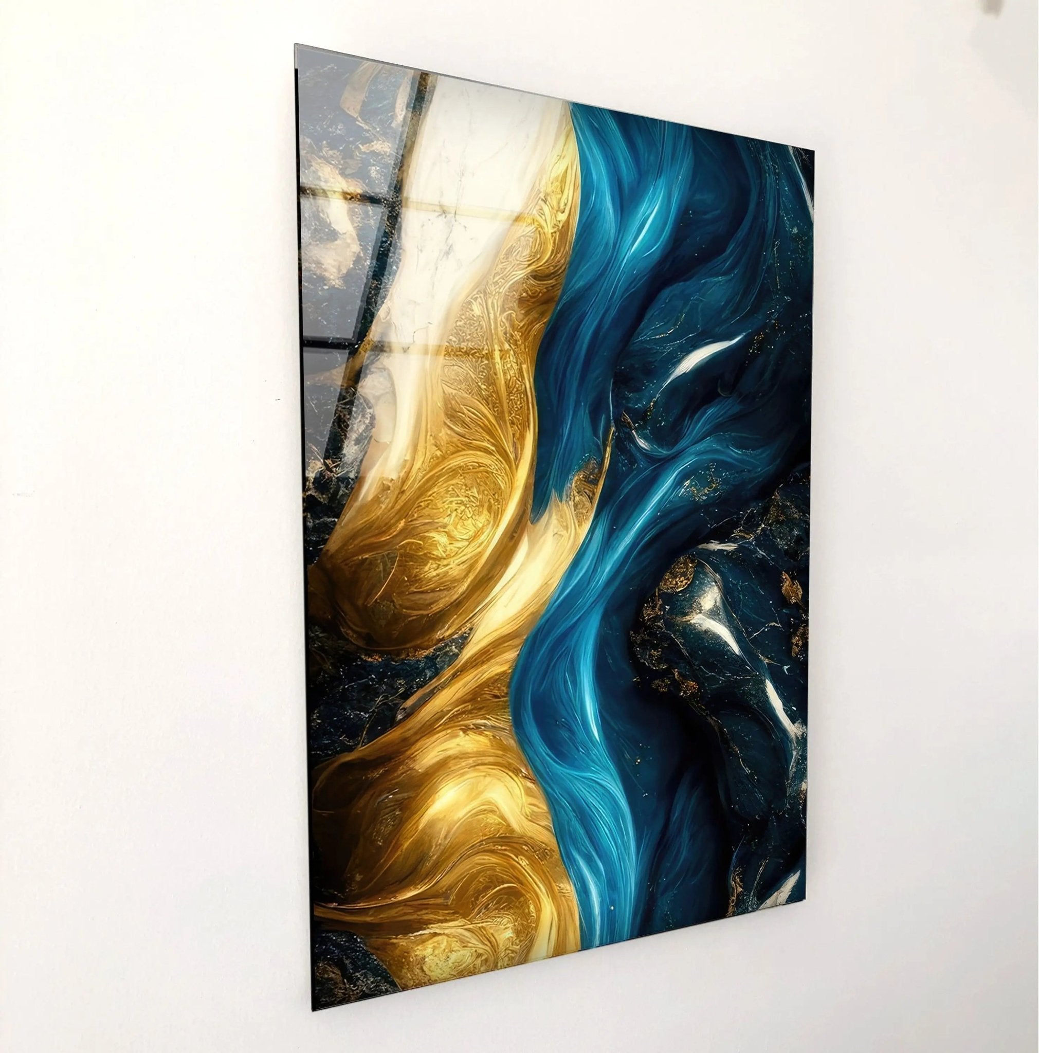 Abstract Marble Blue and Gold Glass Wall Art - Modern Home Decor for Living Room, Bedroom & Office - Elegant Handmade Glass Panel for Wall Display