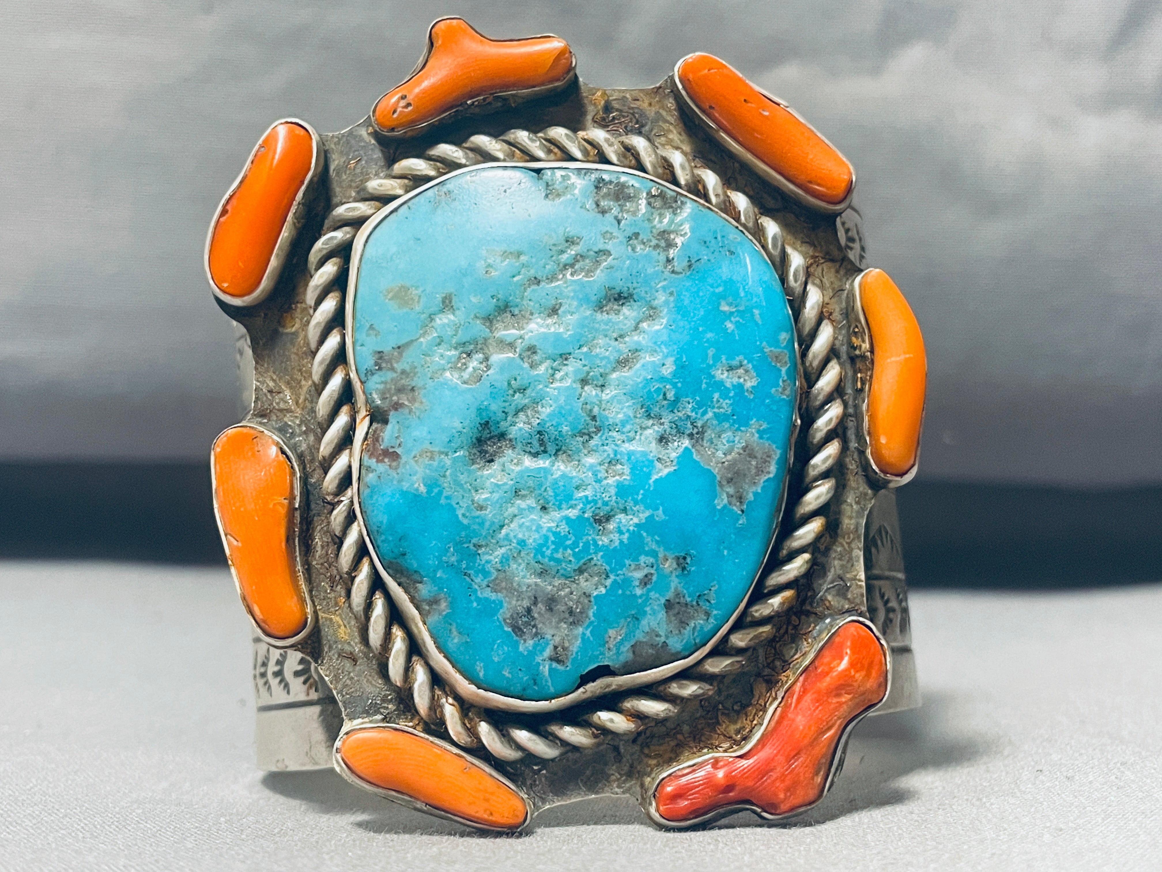 147g Genuine Native American Navajo Turquoise & Coral Sterling Silver Bracelet - Handcrafted Jewelry for Women, Boho Chic Accessory for Casual & Formal Wear
