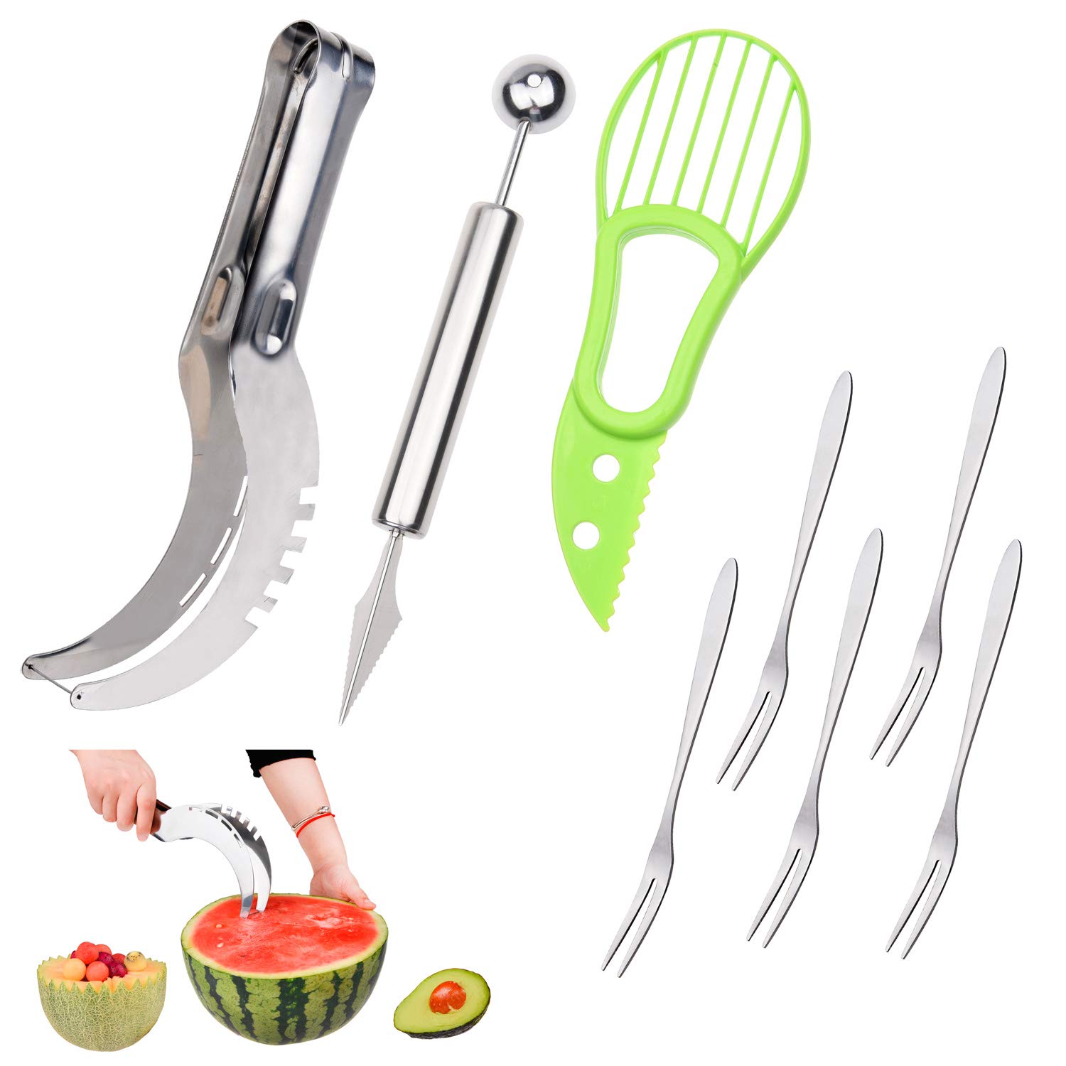 Premium Stainless Steel Fruit Carving Kit - 2-in-1 Watermelon Slicer, Melon Baller & Fruit Knife with Avocado Slicer - Includes 5 Stainless Steel Fruit Forks - Perfect for Fruit Platters, Party Decorations & Healthy Snack Preparation