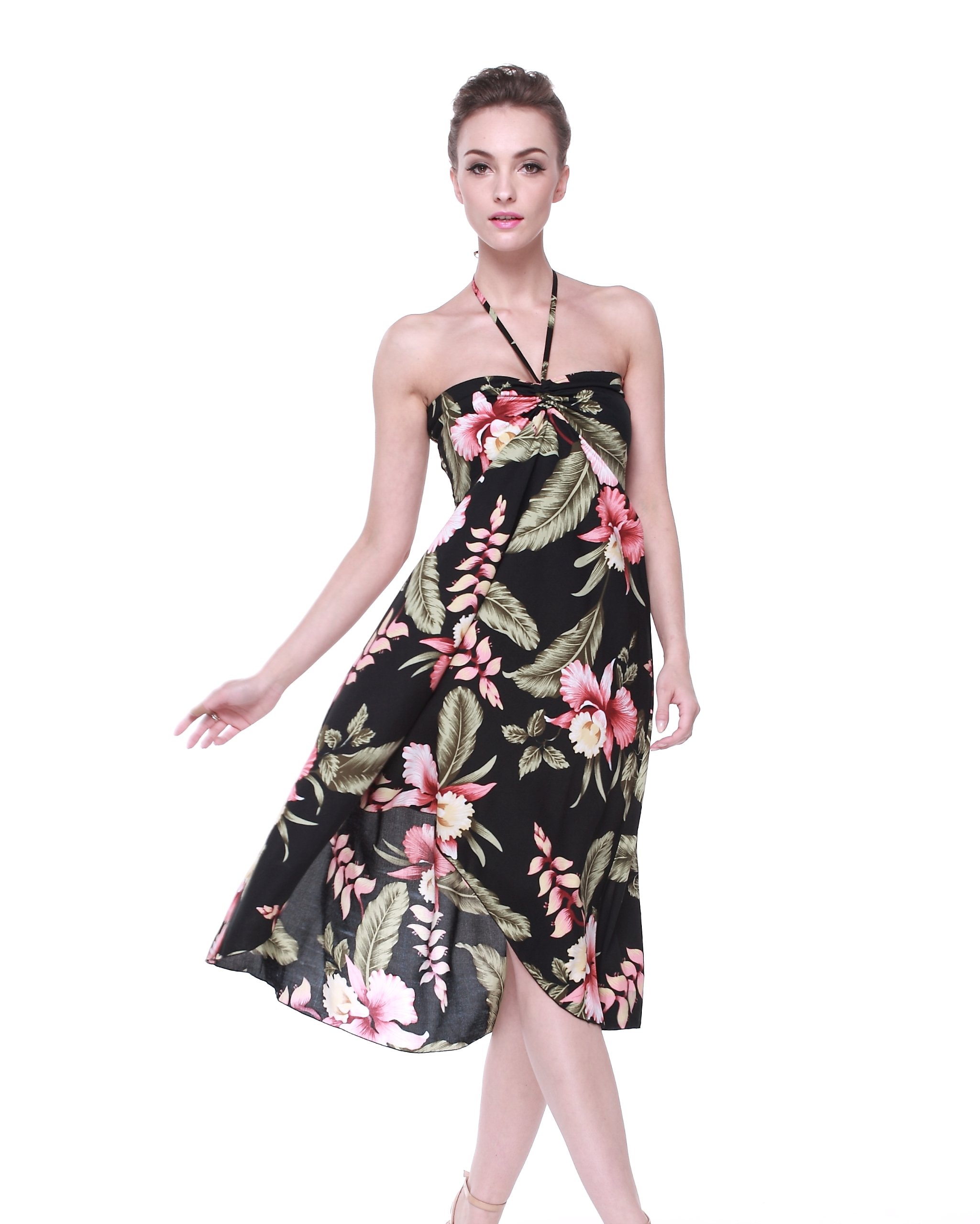 Couple Matching Hawaiian Luau Party Outfit Set - Black Rafelsia Aloha Shirt & Dress for Beach Vacation, Summer Festival, and Tropical Theme Parties