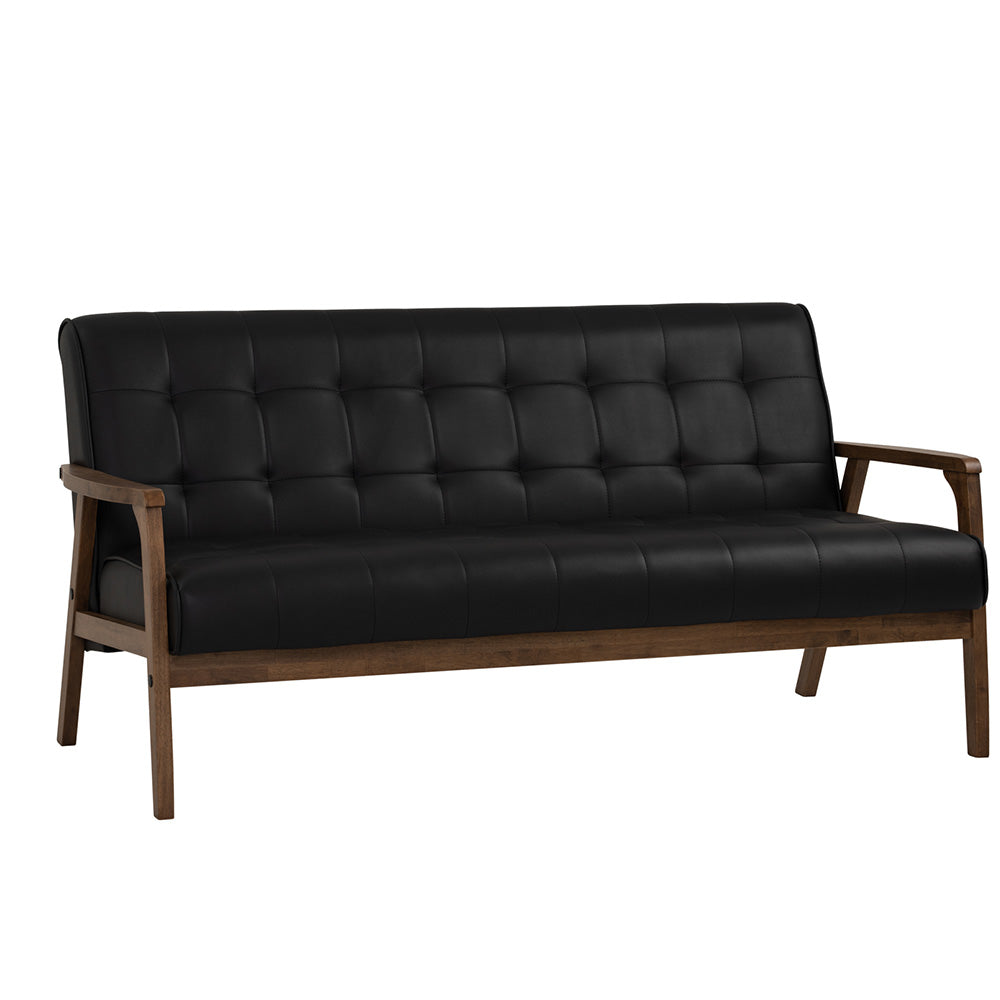 TUCSON 3-Seater Sofa in Walnut Frame with Black PU Leather Upholstery - Perfect for Living Room, Lounge, and Office Spaces