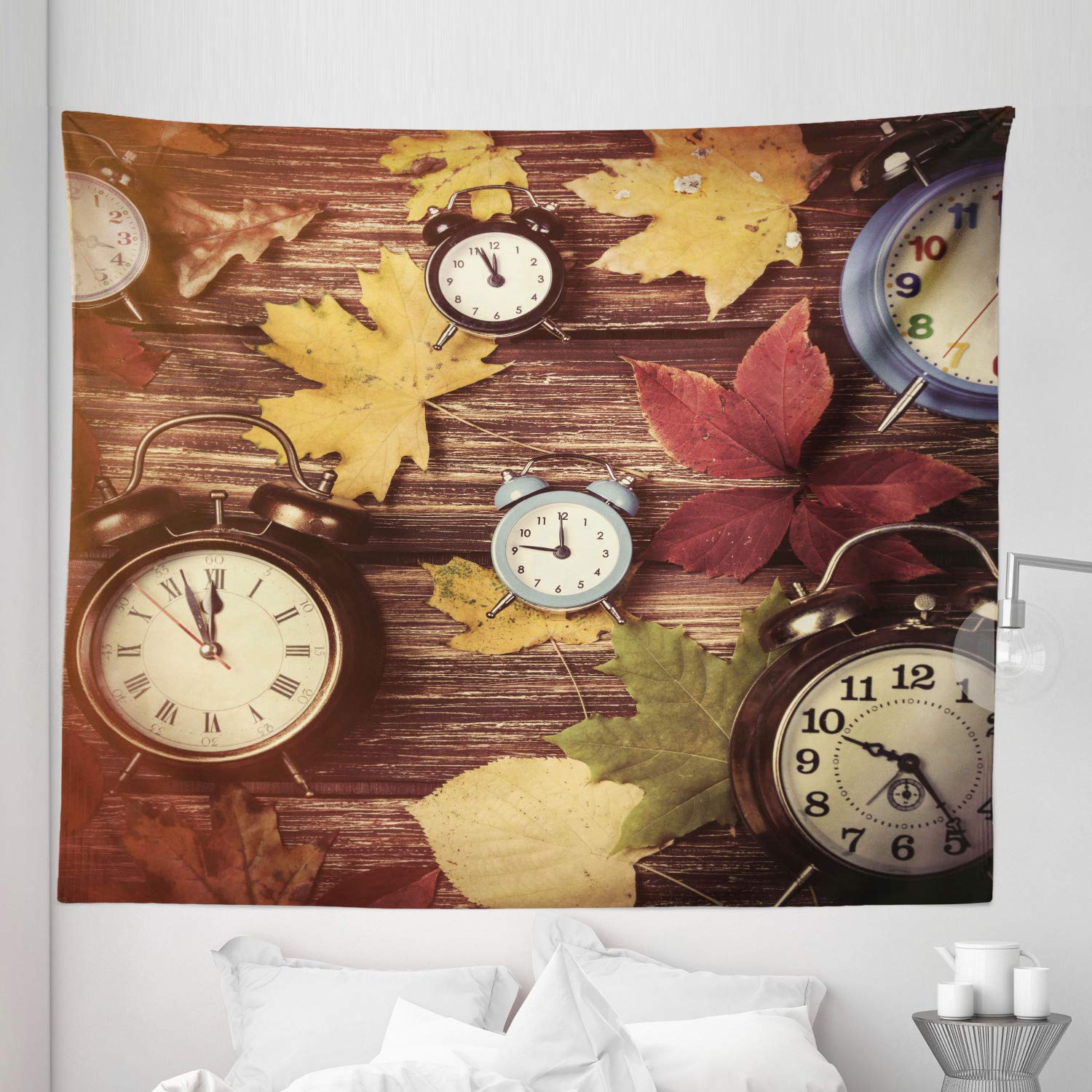Ambesonne King Size Fall Tapestry - Dry Maple Leaves & Vintage Alarm Clocks on Wooden Planks Print - 104x88 Inch Wall Hanging, Bedspread, Bed Cover - Seasonal Home Decor for Living Room, Bedroom, Dorm - Multicolor Autumn Wall Art