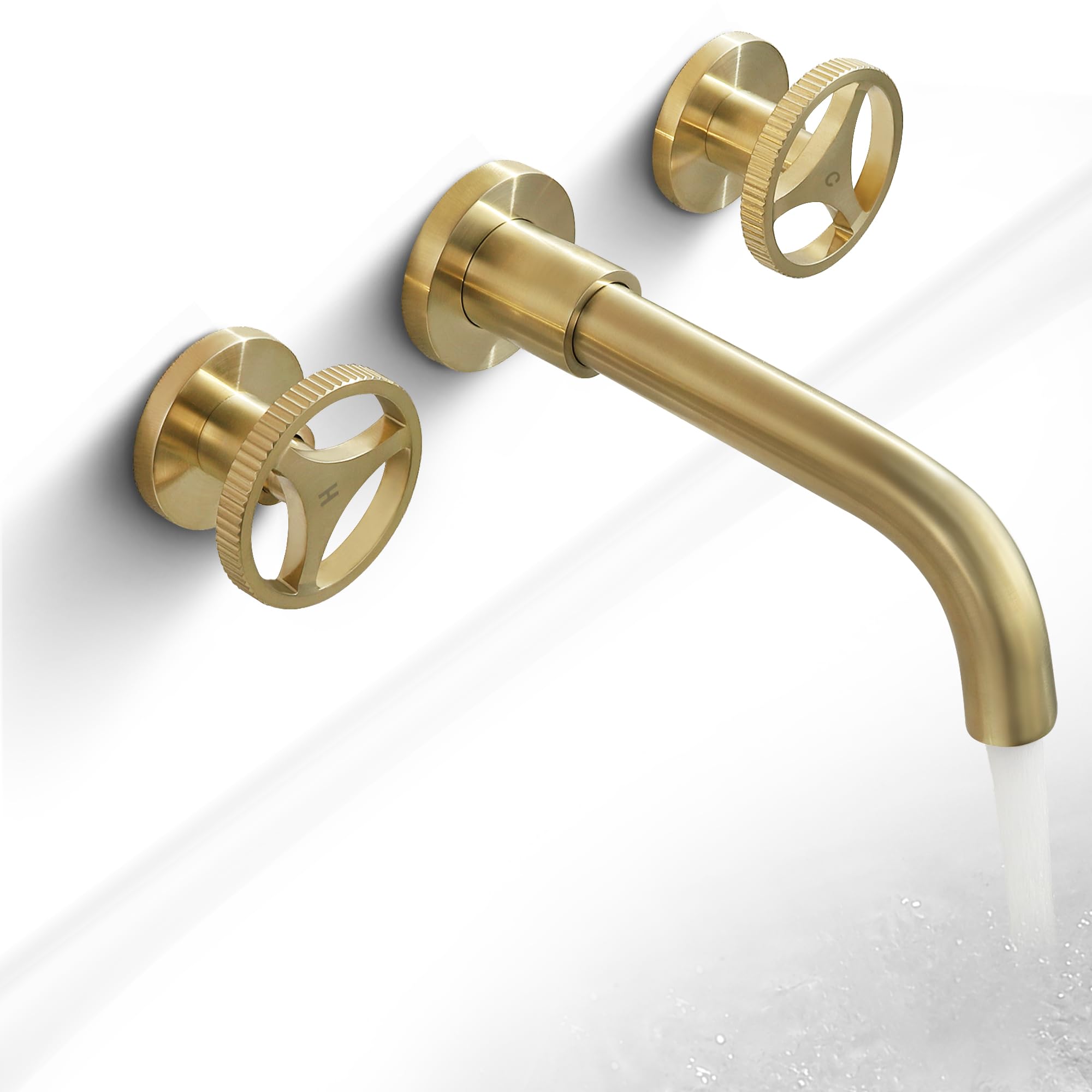 SKOWLL 3 Hole Widespread Bathroom Sink Faucet - Brushed Gold Brass Vessel Faucet with 360° Swivel Spout, Wall Mounted Modern Design for Bathroom Vanity & Powder Room