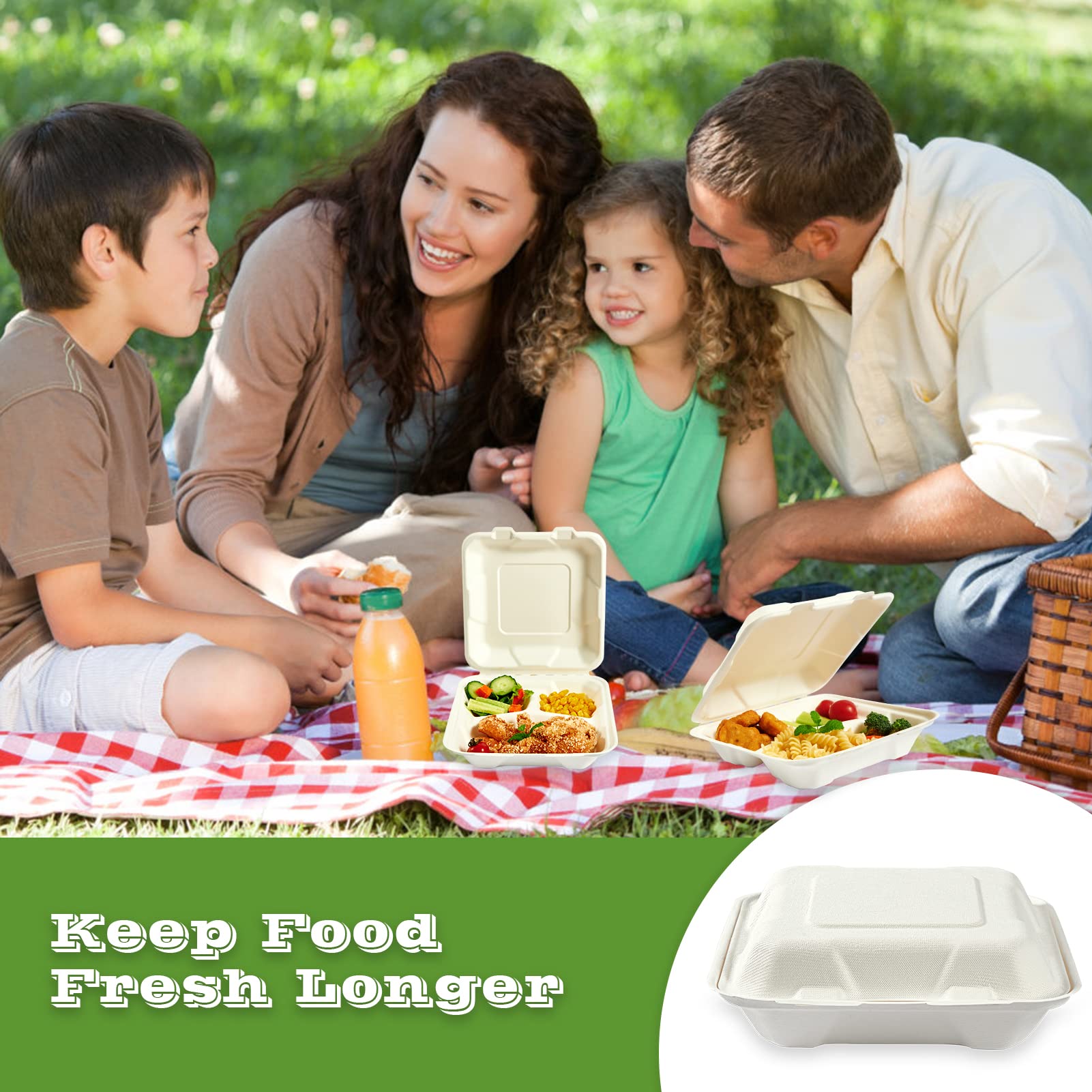 Vplus 300 Pack 100% Compostable 8x8 Inch 3-Compartment Clamshell Takeout Food Containers | Eco-Friendly Disposable Bagasse To-Go Boxes for Restaurant, Catering, Meal Prep & Leftovers | Perfect for Next Day Lunch, Potluck Parties & Picnics