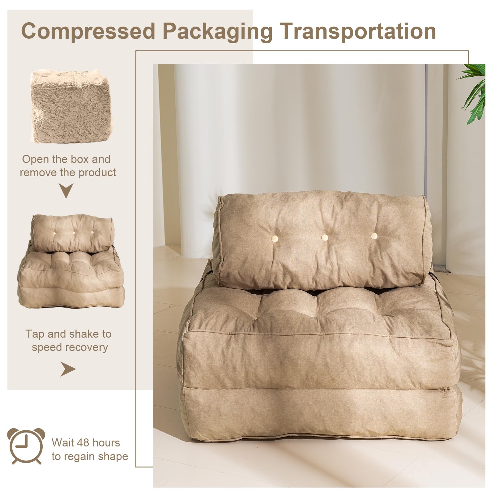 MAXYOYO Folding Couch Sofa Bed - Convertible Sleeper Chair with Back Support & Pillow, Beige - Perfect for Small Spaces, Guest Rooms & Apartments