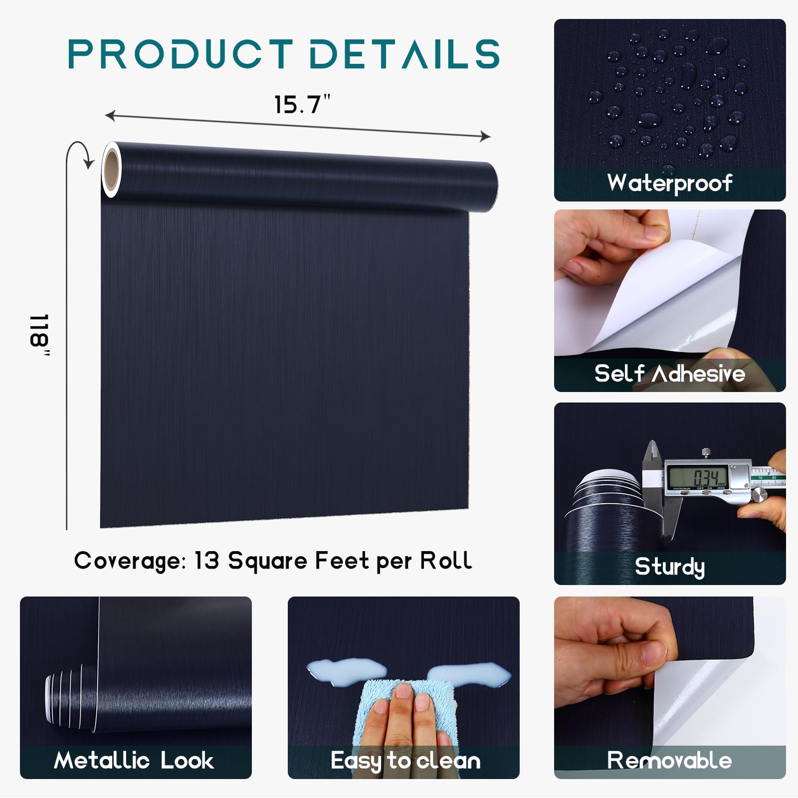 VEELIKE Brushed Blue Stainless Steel Contact Paper - 15.7''x118'' Heavy Duty Peel & Stick Removable Wallpaper for Appliances, Fridge, Dishwasher & Kitchen Backsplash | Durable Metallic Finish for Home Decor & DIY Projects