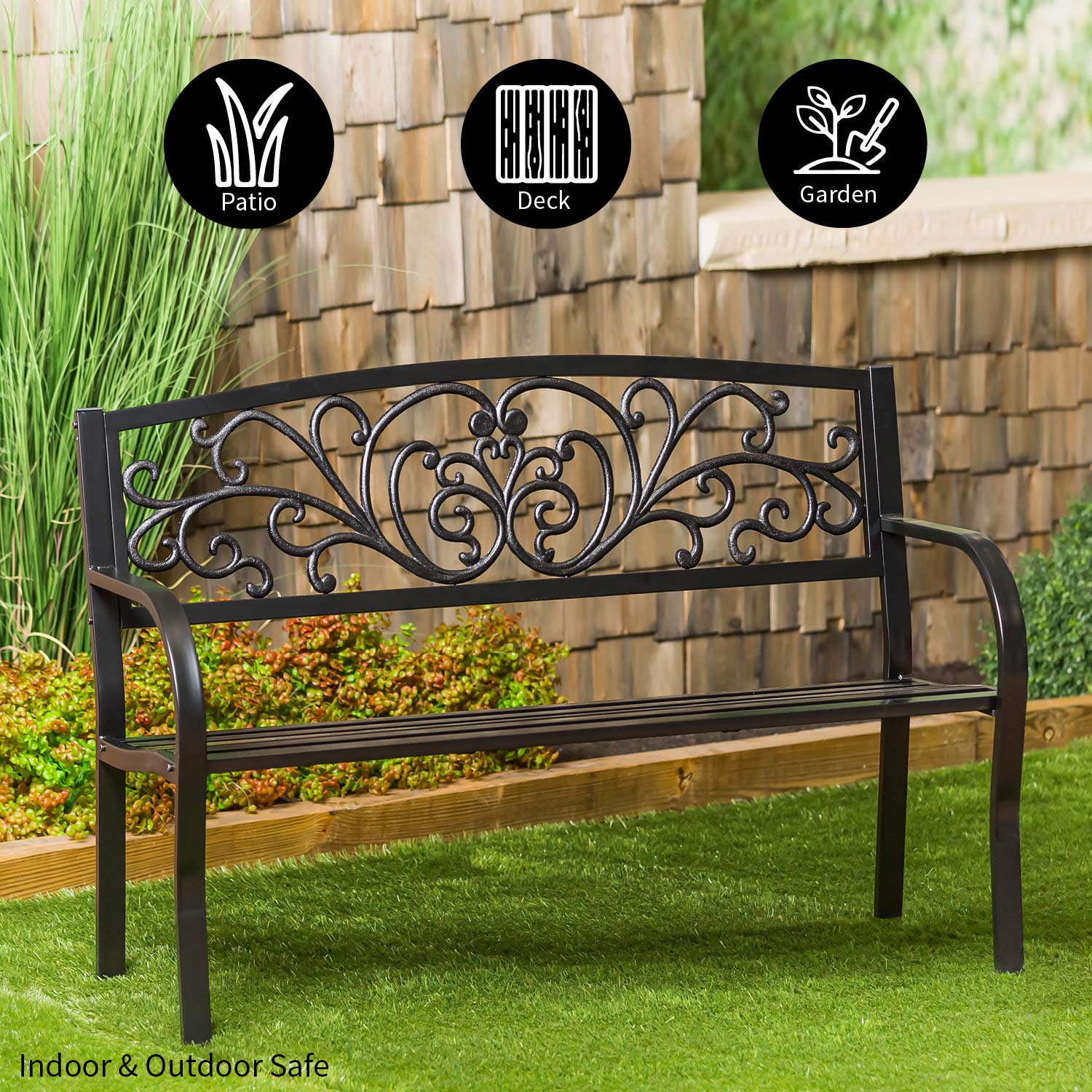 Evergreen Weatherproof Outdoor Bench for Garden, Patio, Porch & Park - Heavy Duty Steel Frame Supports 300 lbs - Perfect for Relaxing in Blooming Gardens, Decks & Outdoor Spaces - Black