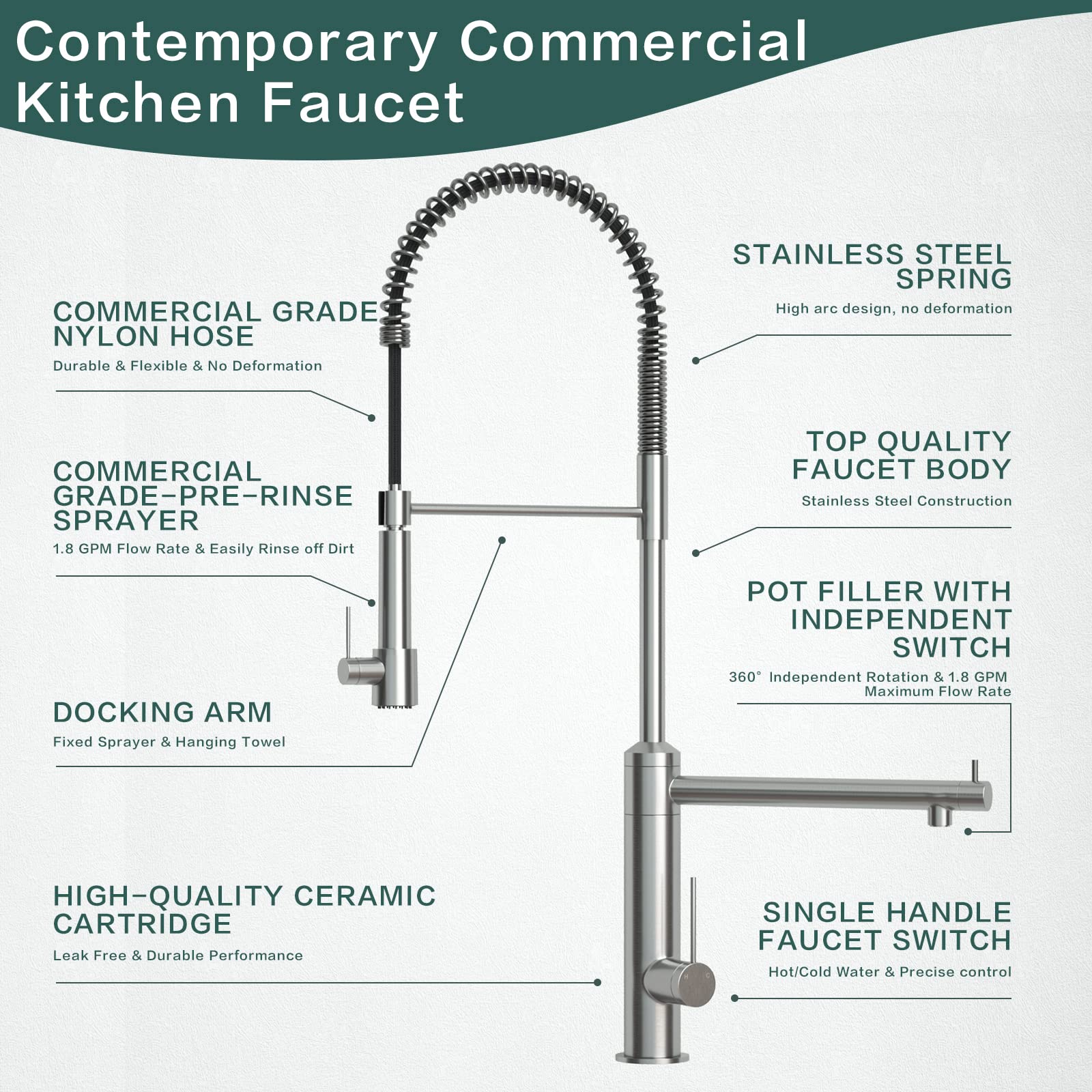 **CWM Commercial Kitchen Faucet with Pull Down Sprayer - 26.61 Inch Brushed Nickel Stainless Steel High Arc Sink Faucet with Pre-Rinse Sprayer for Restaurants, Home Kitchens & Bar Sinks**    *(Perfect for heavy-duty cooking, dishwashing, and food prep in commercial kitchens, home kitchens, and bar areas.)*
