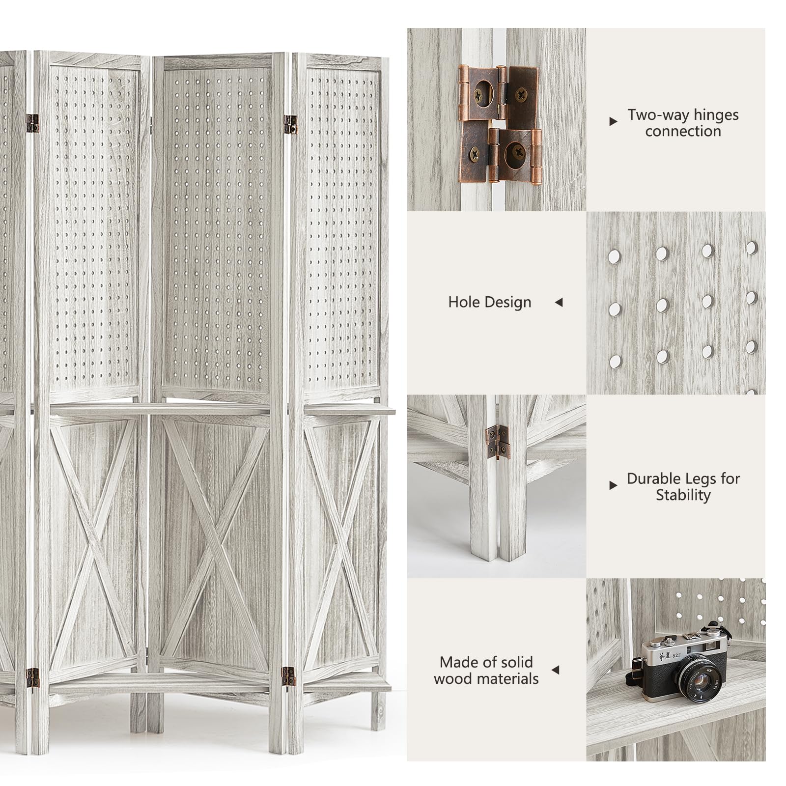 6 Panel Wood Room Divider with Shelves - Foldable Privacy Screen & Pegboard Display - Portable Partition Wall for Home, Office, Store (Off White) - Perfect for Space Division, Room Organization & Retail Displays