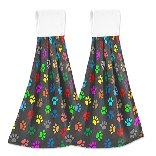 Colorful Animal Paw Print Kitchen Towels - 2 Pack Soft Microfiber Hand Towels with Hanging Loop for Cats & Dogs Lovers | Absorbent Washcloths for Kitchen, Bathroom & Oven Decor | Coral Velvet Pet-Themed Home Accessories