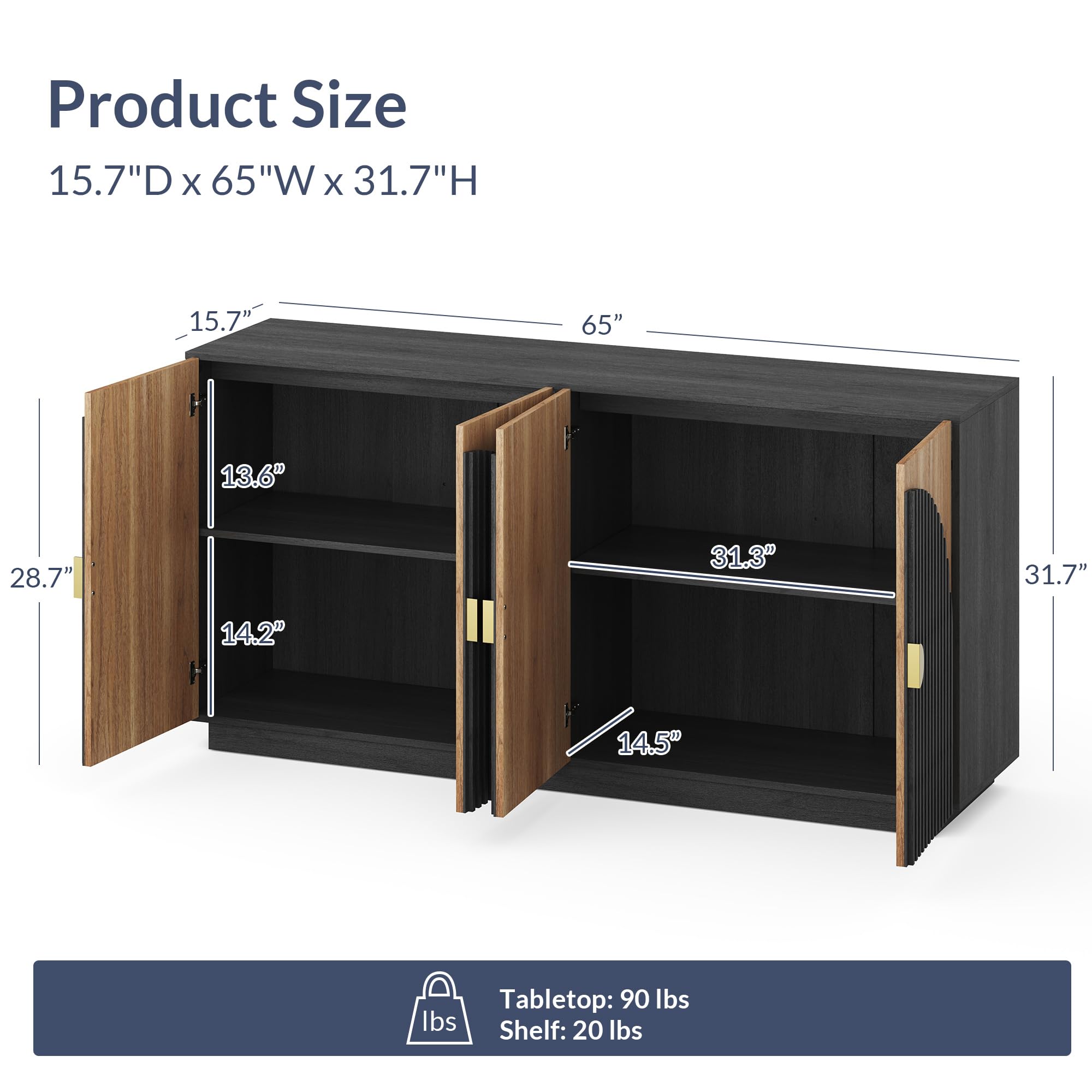 BELLEZE 65 Inch Fluted Buffet Cabinet with Storage - Symmetrical Arc Accent Sideboard, Large Console Table for Dining Room, Kitchen & Living Room - Modern Home Furniture for Entertaining & Organization (Camel)