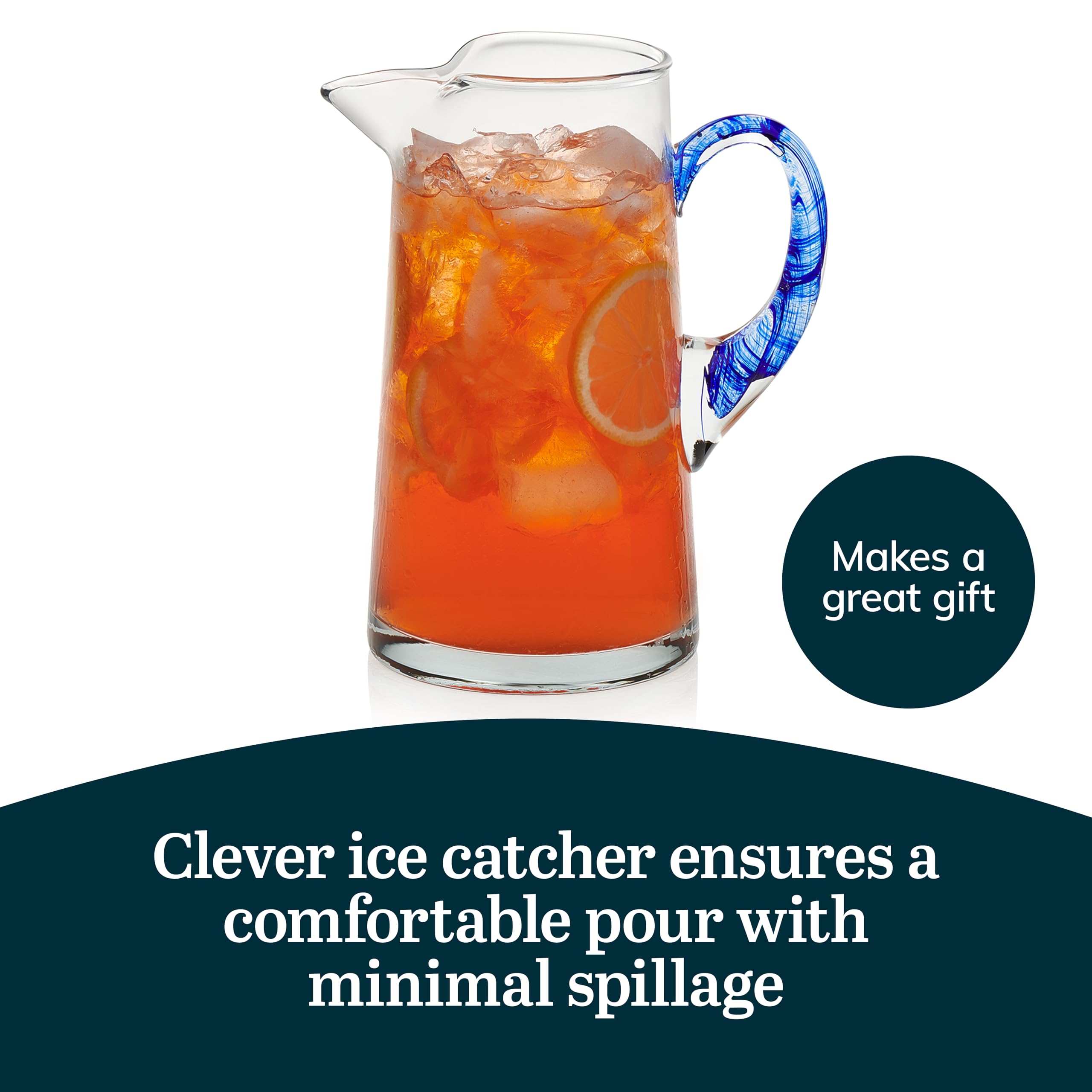 Libbey Cabos 90 Oz Large Glass Pitcher with Spout & Blue Handle - Handcrafted Artisan Water Carafe for Kitchen, Dining Table, Iced Tea & Lemonade Serving - BPA-Free Beverage Dispenser for Parties & Entertaining