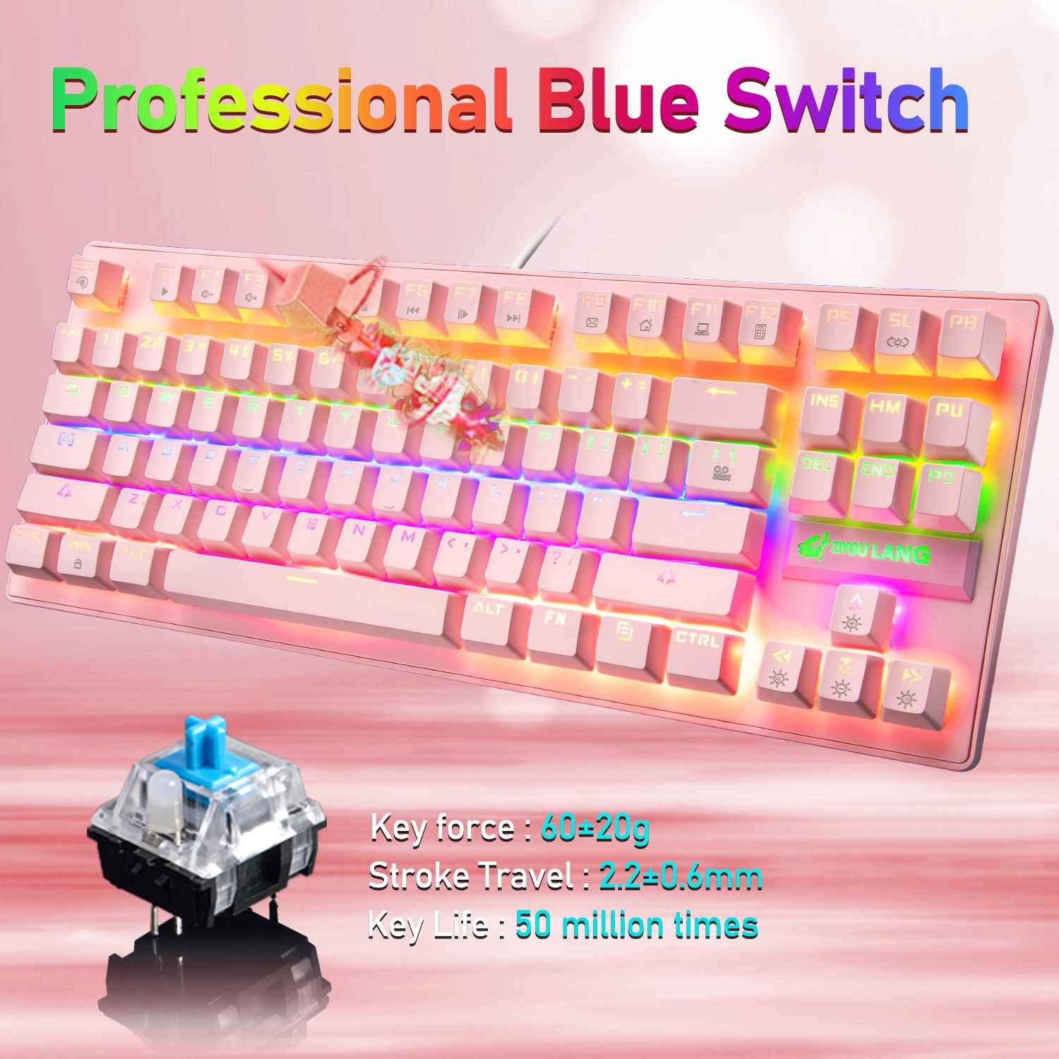 Pink Mechanical Gaming Keyboard with Blue Switches - 87 Keys Wired RGB Backlit, Lightweight Design for PC Gamers & Typists | Includes Gaming Mouse & Mouse Pad | Perfect for Esports, Office Work & Streaming Setup