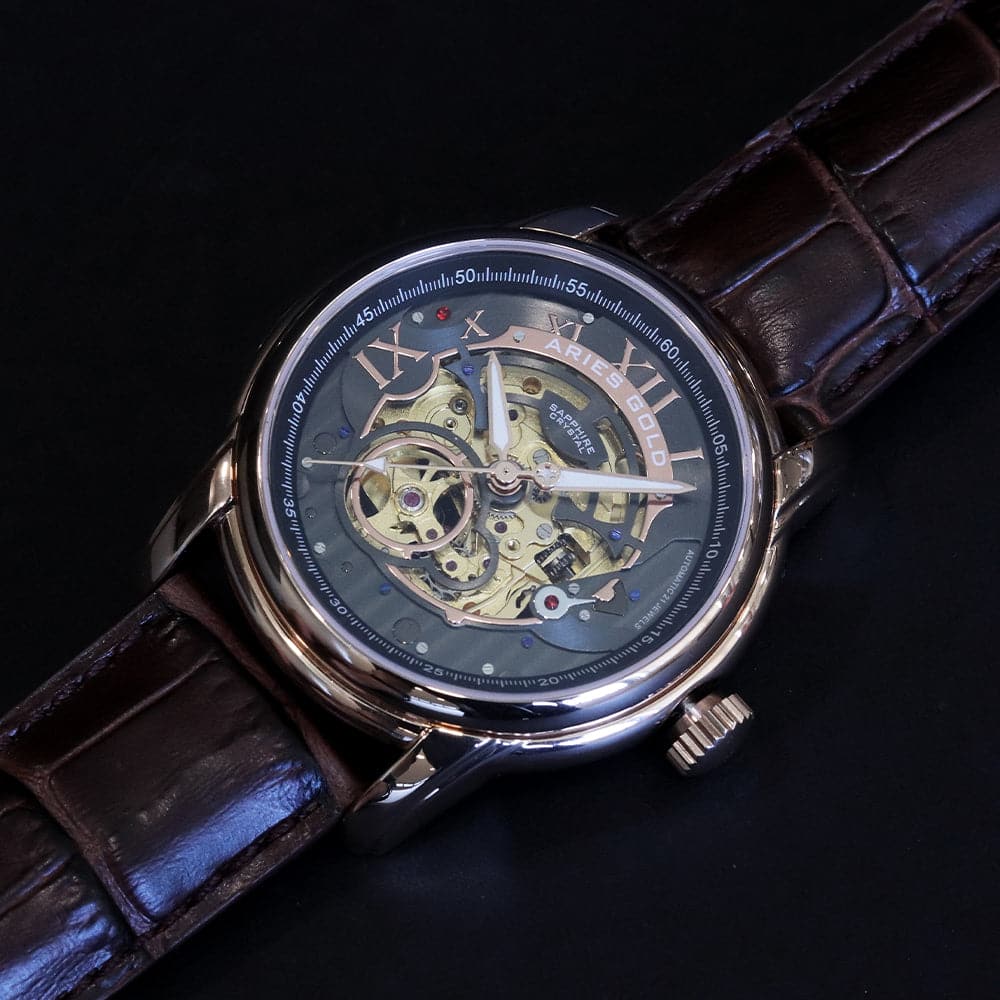 ARIES GOLD Automatic Infinum El Toro Men's Watch - Stainless Steel Case, Brown Leather Strap, Gold-Tone (G 9005G RG BK) | Luxury Dress Watch for Business, Formal Occasions & Gifts