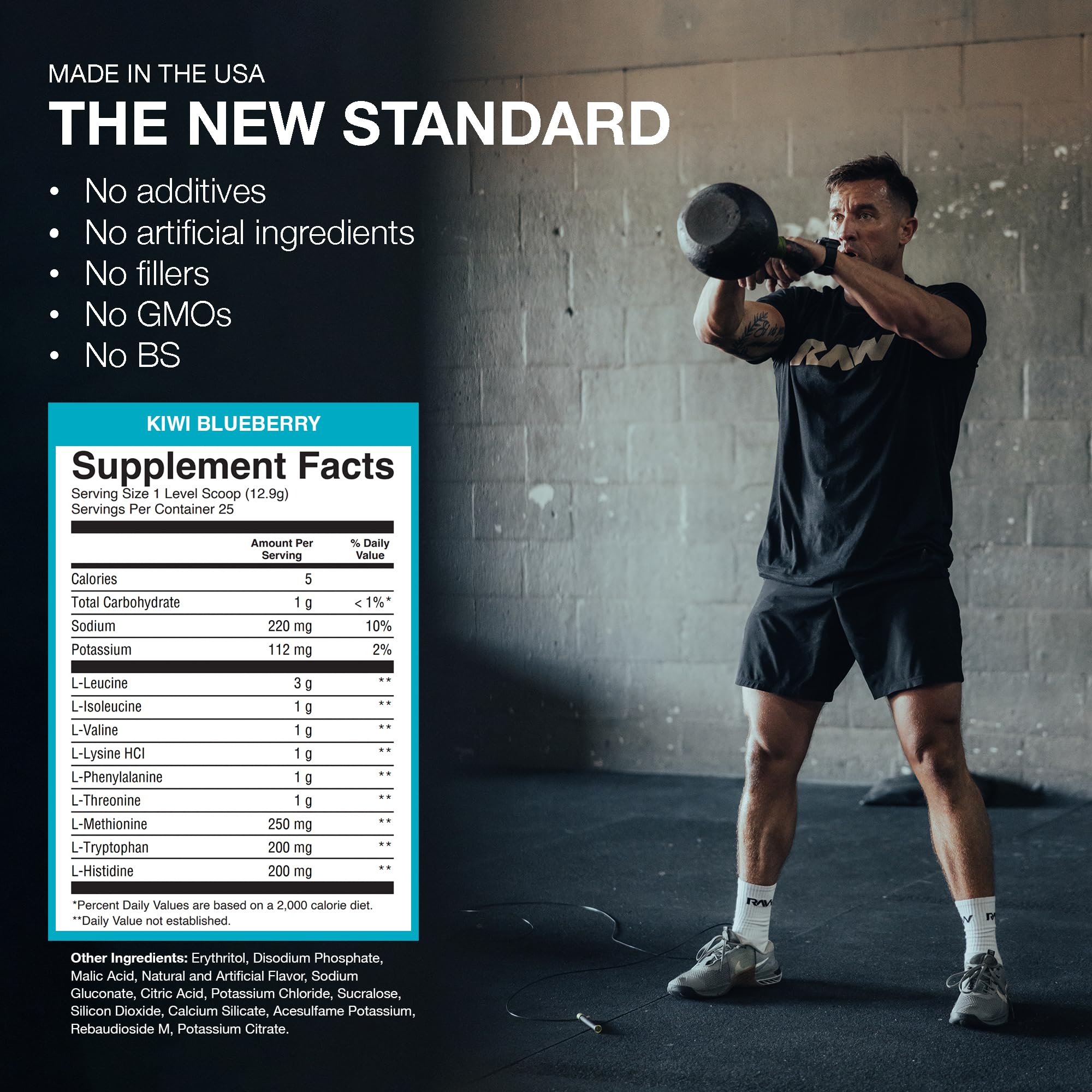 RAW EAA Essential Amino Acids Powder - Kiwi Blueberry Flavor (25 Servings) | Pre-Workout Energy Supplement for Strength, Endurance & Muscle Recovery | BCAA Amino Acid Powder for Men & Women | Ideal for Gym, Fitness & Post-Workout Recovery