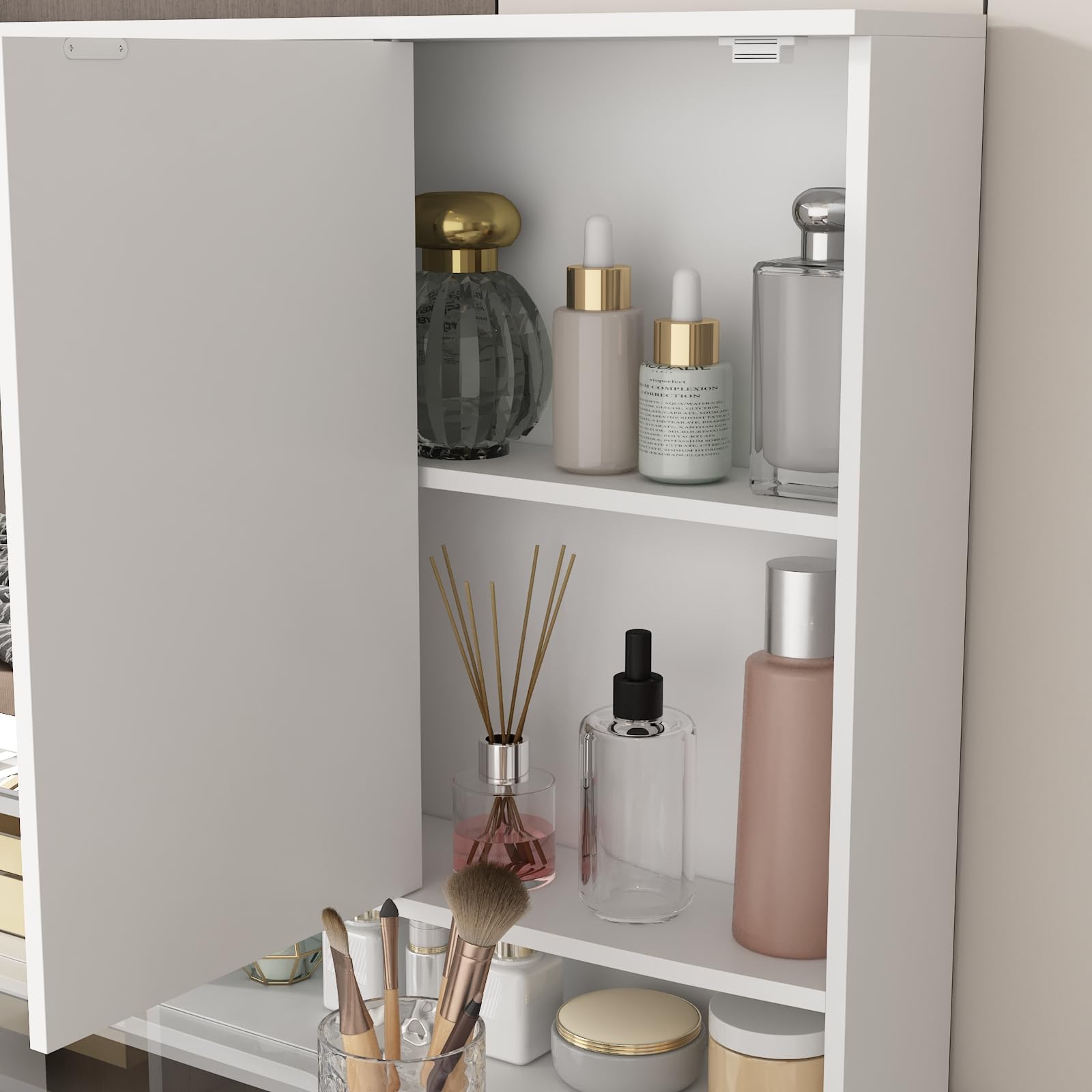 FUFU&GAGA White Modern Vanity Desk with Mirror & LED Lights, 9 Drawers & Hidden Shelves, Large Glass Top Makeup Dressing Table for Bedroom (43.3”W x 19.7”D x 53.6”H) - Perfect for Makeup Organization, Home Salon Setup & Glam Room Decor
