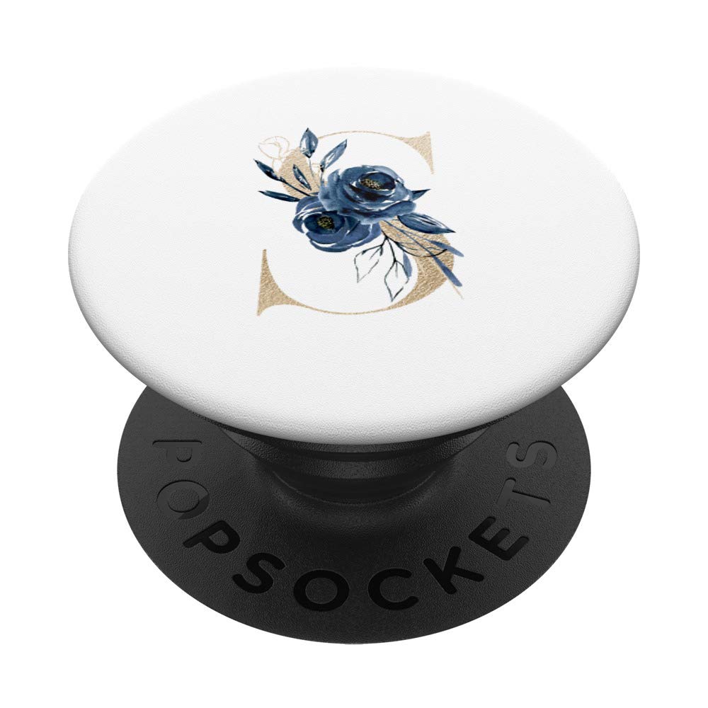 Gold Foil Floral Monogram Letter S Blue Watercolor PopSocket - Swappable Phone Grip for iPhone, Samsung, & Tablets - Perfect for Home, Office, & Travel Use