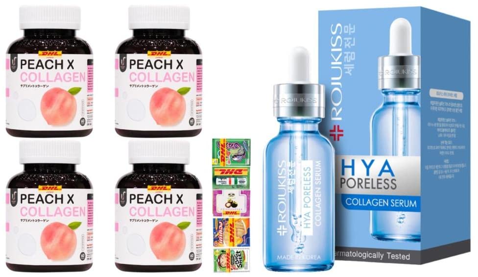 V-4561 4-Piece Peach X Collagen Rojukiss HYA Poreless Collagen Serum Set (30ml) | Brightening & Hydrating Facial Treatment | DHL Express Shipping by Thaigiftshop | Includes Free Tomato Facial Mask | Perfect for Daily Skincare Routine & Anti-Aging Regimen