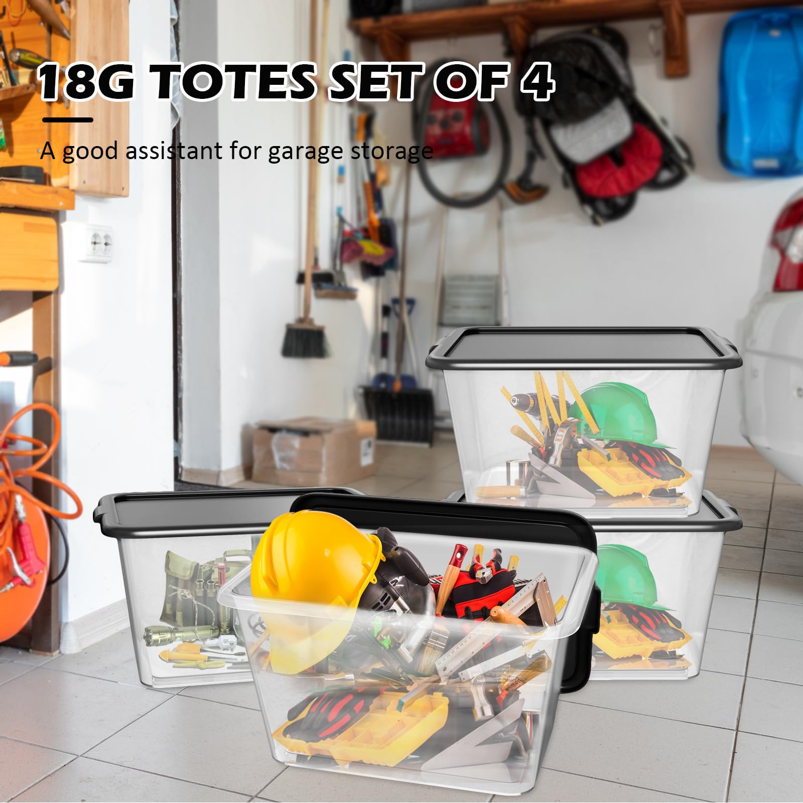 14.5-Gallon Stackable Plastic Storage Bins with Lids - 4-Pack Black & Clear Containers for Home Organization, Garage, Pantry, and Office Storage