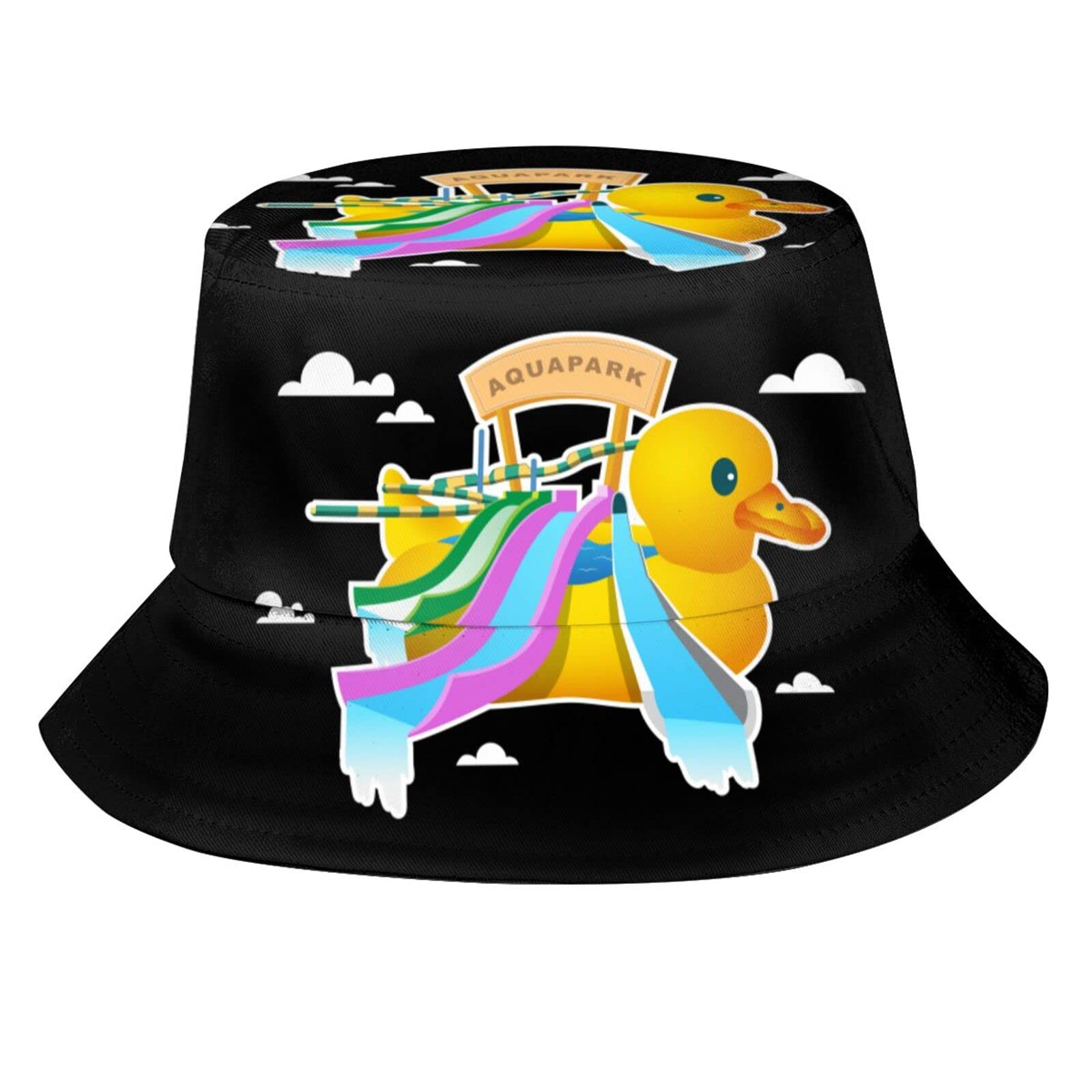 Cute Duckling Water Slides Bucket Hat - Reversible Outdoor Fisherman Cap for Women & Men - Summer Beach Sun Hat for Swimming, Aquapark, Travel & Outdoor Activities - Black