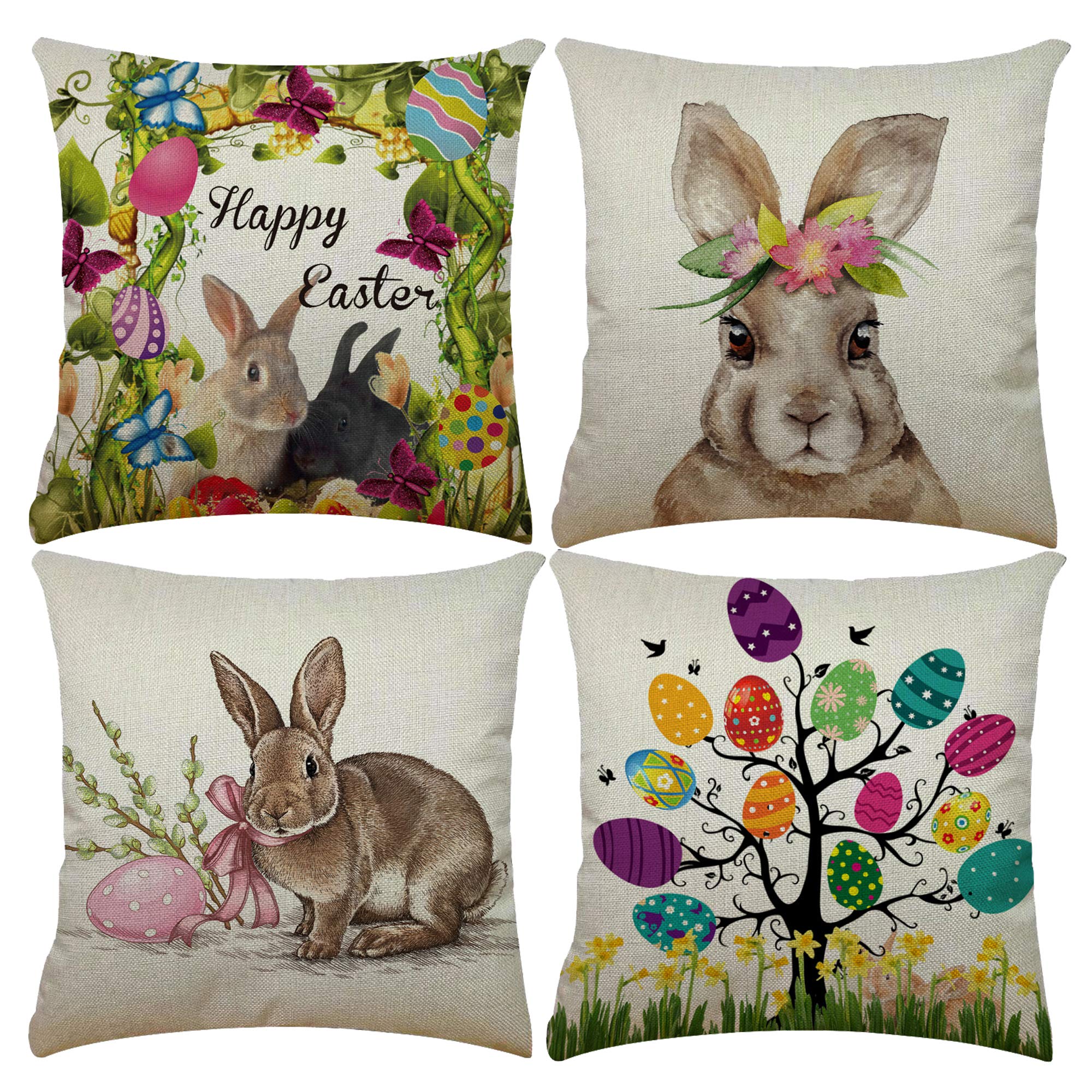 Easter Throw Pillow Covers 18x18 Inch Set of 4 - Cotton Linen Decorative Pillow Cases with Easter Egg & Rabbit Design for Sofa, Couch, Bed, Office & Car Decor - Perfect for Easter Home Decorations & Spring Season
