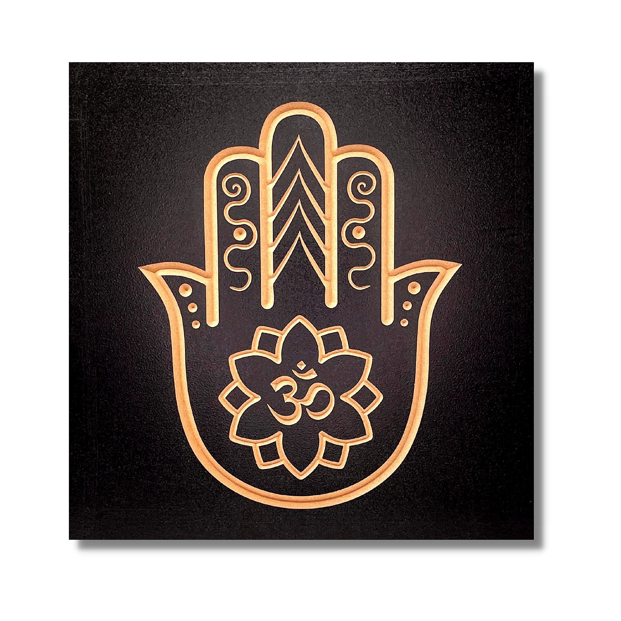 Hand Carved Black Wood Hamsa Hand Om Flower Wall Decor - 8 x 8 Inches Spiritual Wall Art for Pooja Room, Meditation Space & Home Decor - Indian Wooden Wall Hanging with Sacred OM Symbol - Perfect for Yoga Studios, Prayer Rooms & Boho Chic Interiors