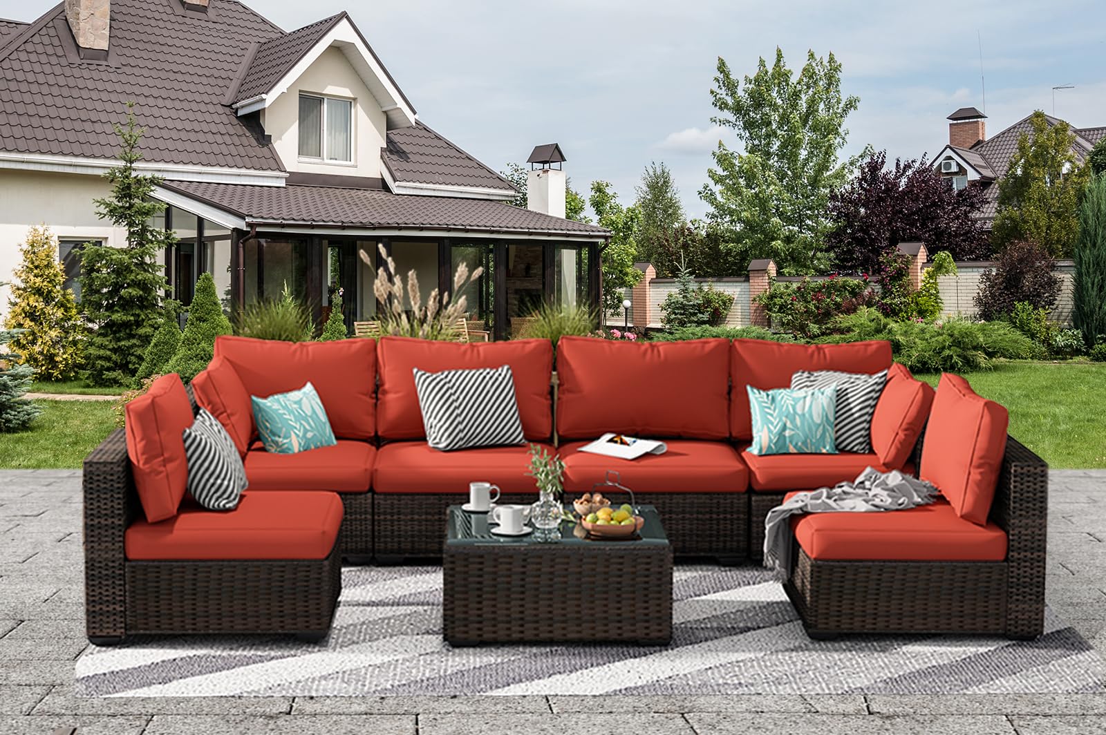 Grezone 7-Piece Outdoor Sectional Sofa Set with High Backrest - All-Weather PE Rattan Patio Furniture with Coffee Table, Cushions & Black Glass Table (Red) - Perfect for Backyard, Garden, Poolside & Outdoor Entertaining
