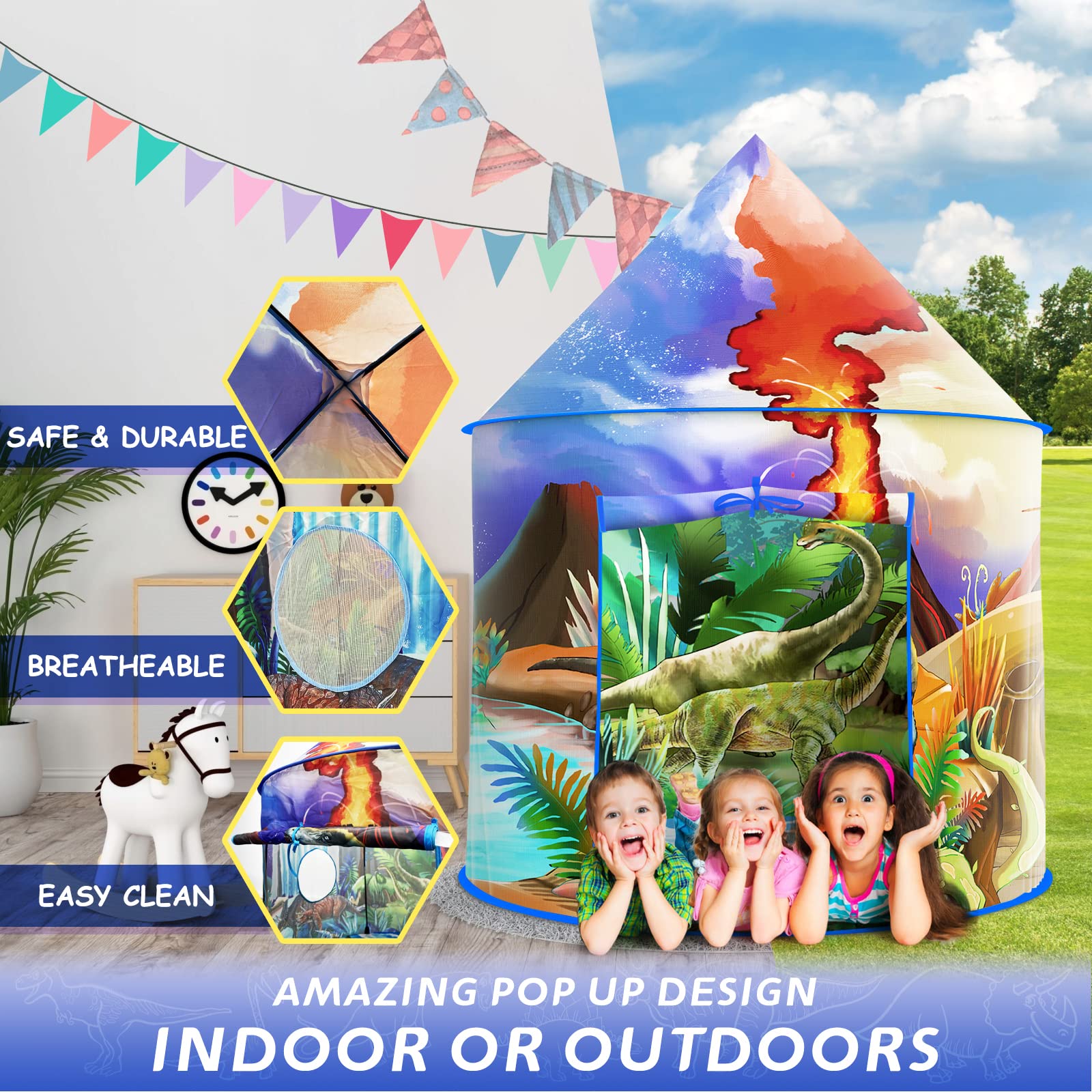 Dinosaur Play Tent for Kids - Foldable Pop-Up Adventure Tent for Indoor & Outdoor Fun | Perfect for Camping, Playrooms & Backyard Adventures