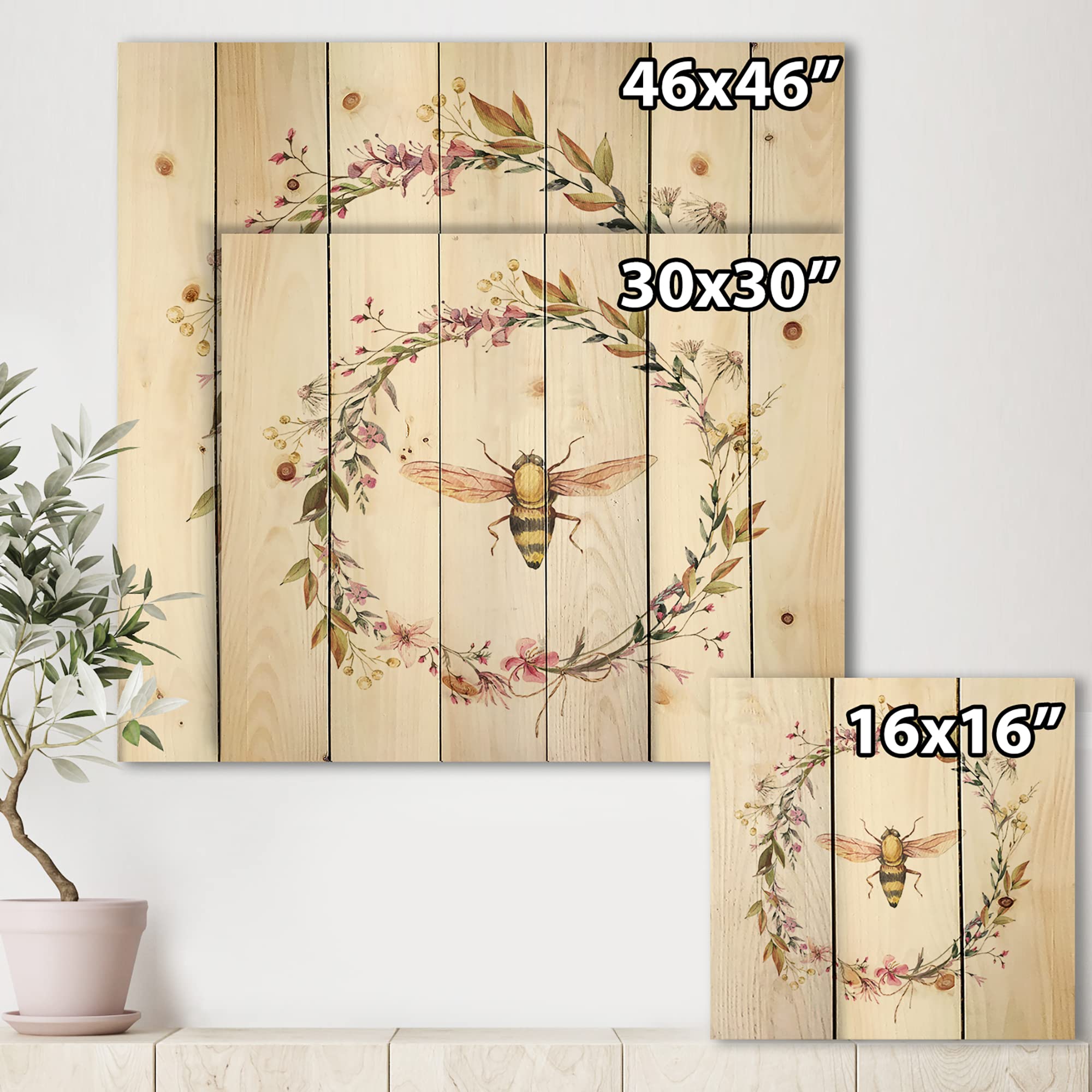 DesignQ Bee In Wildflowers Wreath Farmhouse Wood Wall Decor - White Wood Wall Art with Large Floral Print on Natural Pine - Perfect for Living Room, Bedroom & Home Office Decor