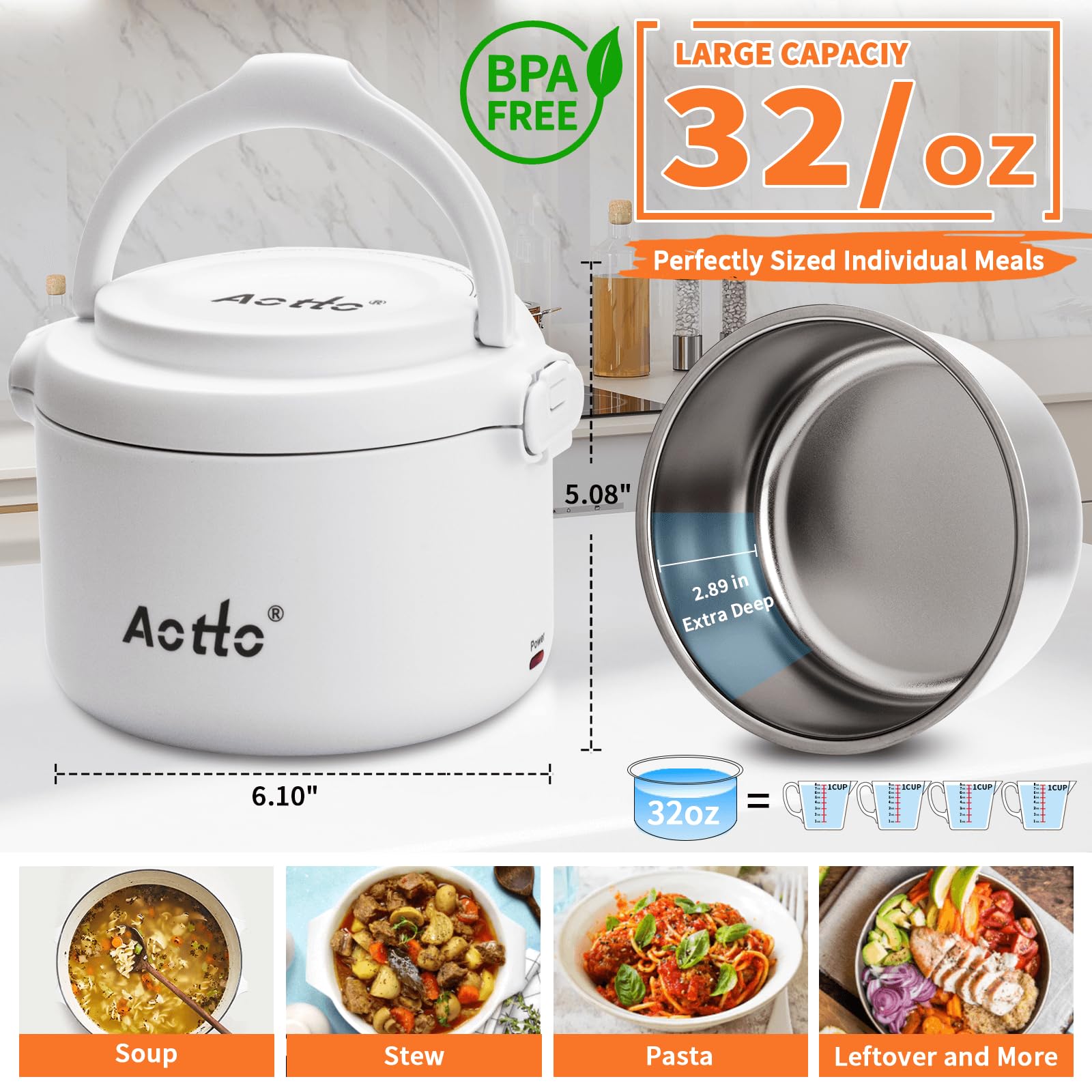 Aotto 32oz Electric Lunch Box - Portable Food Warmer for Office, Car & Travel - 12V/24V/110V 3-in-1 Heater - Keeps Meals & Soup Hot - Spill-Proof Design - Perfect Gift for Men & Women (White) - Ideal for Commuting, Road Trips & Workplace Lunch Breaks
