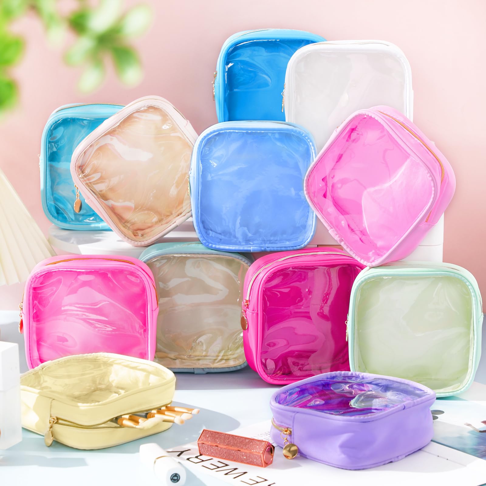 12 Pcs Mini Makeup Bags for Women - Small Nylon Cosmetic Pouches with Zipper, Elegant Translucent Square Purse Organizers - Perfect for Travel, Daily Use & Gift Giving