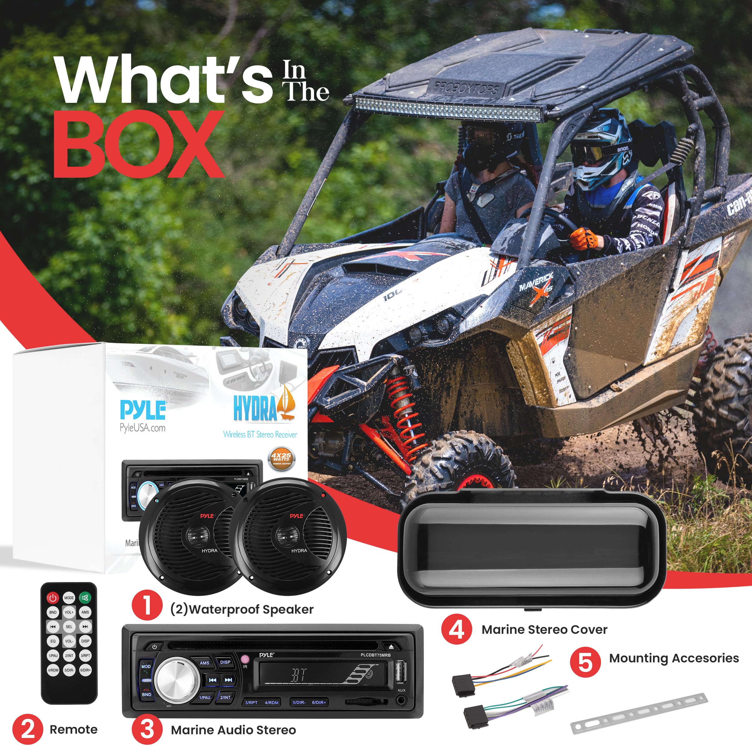 Pyle Bluetooth Car Stereo - Single DIN Marine Stereo Receiver Kit with Waterproof 6.5” Speakers, MP3/USB/SD/AUX/FM, Built-in Mic & Remote - Water-Resistant for Cars, Boats & Outdoor Adventures