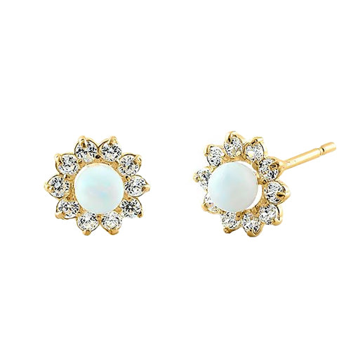 14K Yellow Gold Round White Lab Opal & Clear Cubic Zirconia Stud Earrings for Women - Elegant Gift for Birthday, Anniversary & Special Occasions