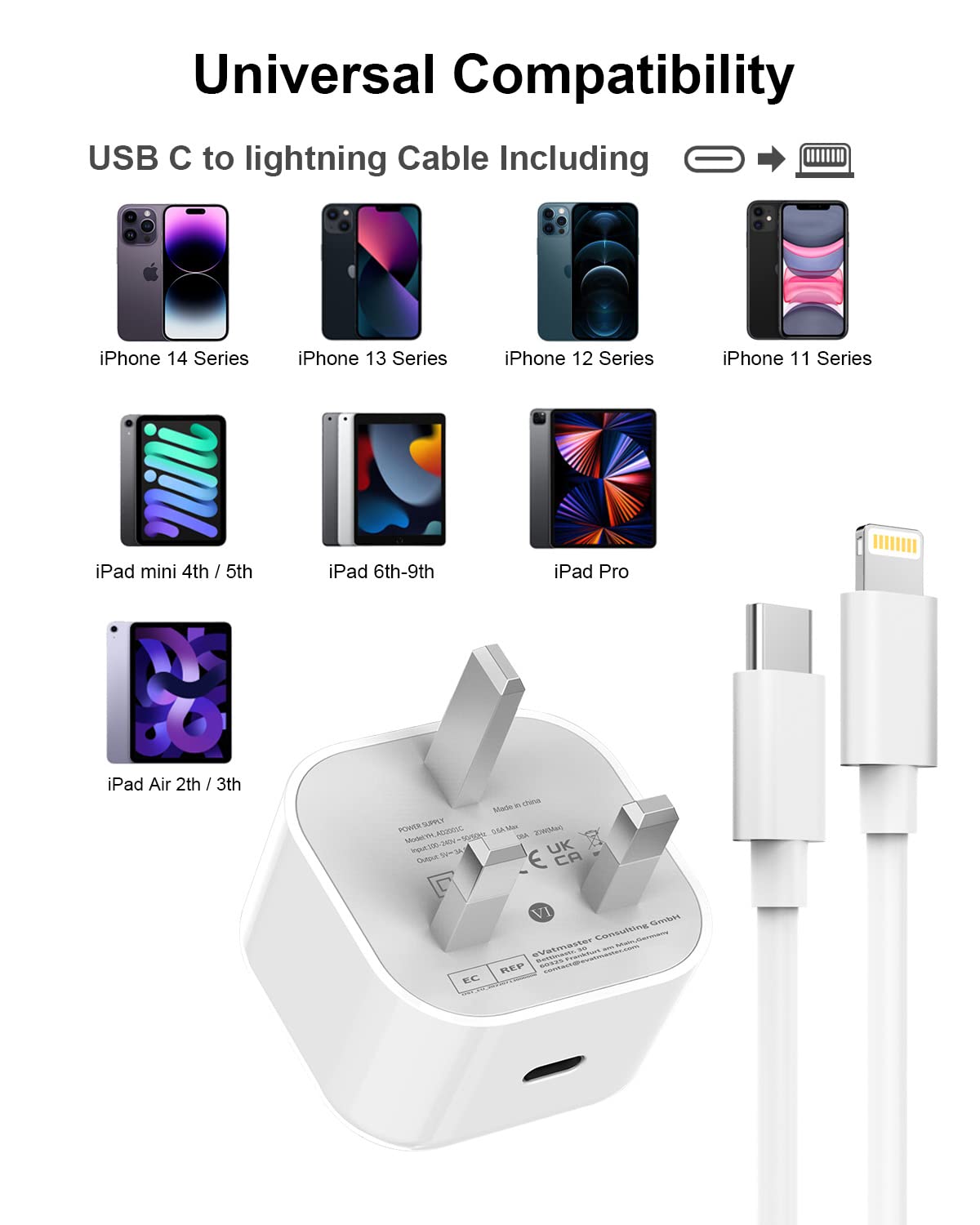 Apple MFi Certified 20W USB C Fast Charger Plug with 2M Cable - UK Type C Power Adapter for iPhone 14/13/12 Pro Max/Mini/11/XR/X/8 & iPad - Perfect for Travel, Home & Office Charging