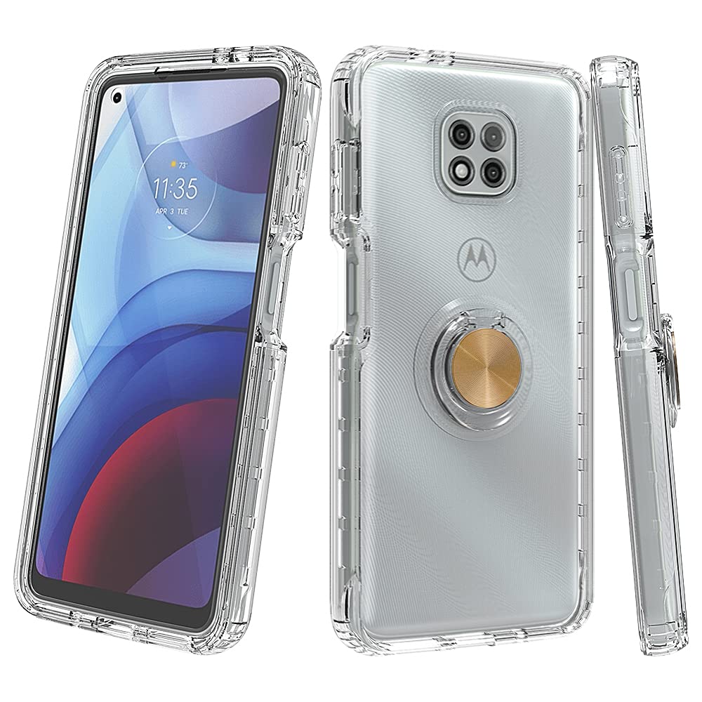 Shockproof Clear Phone Case for Moto G Power 2021 - Full Body Protection with Built-in Screen Protector & Ring Kickstand | Anti-Drop Rubber Cover (Gold) | Perfect for Outdoor Activities, Travel & Daily Use